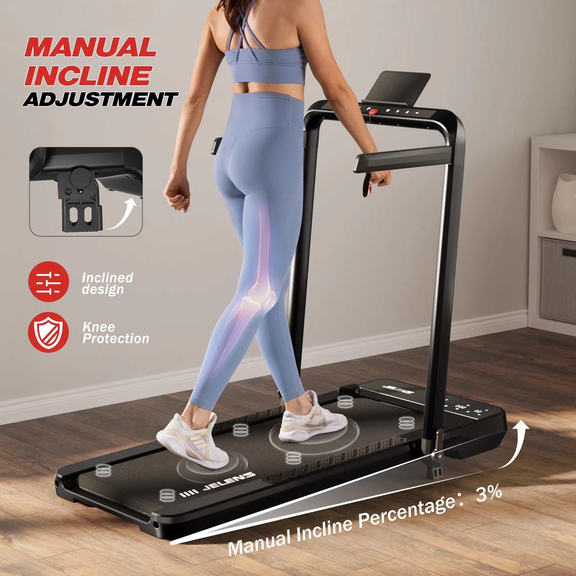 JELENS 2 in 1 Incline Treadmill Under Desk Walking Pad 2.5HP Home Folding Treadmills with Gesture Sensing Control, Walking Machine for Office with Led Display