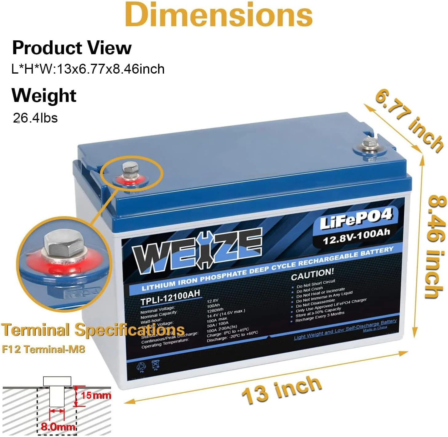 1Autodepot 12V 100Ah LiFePO4 Lithium Battery, Up to 8000 Cycles, Built-in Smart BMS, Perfect for RV, Solar, Marine, Overland/Van, and Off Grid Applications