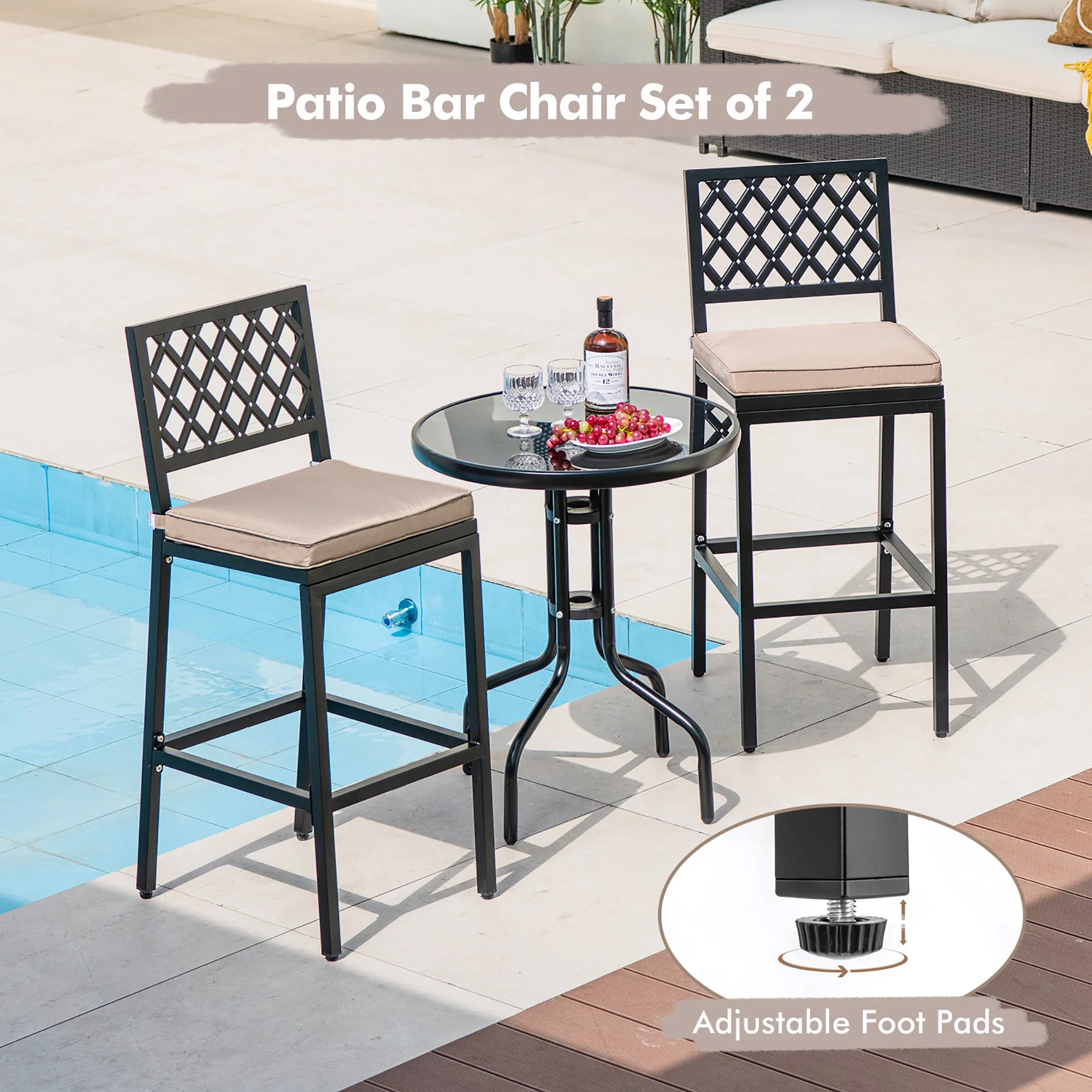 Costway Set of 2 Outdoor Bar Height Dining Chairs Patio Metal Bar Stools  with Cushion