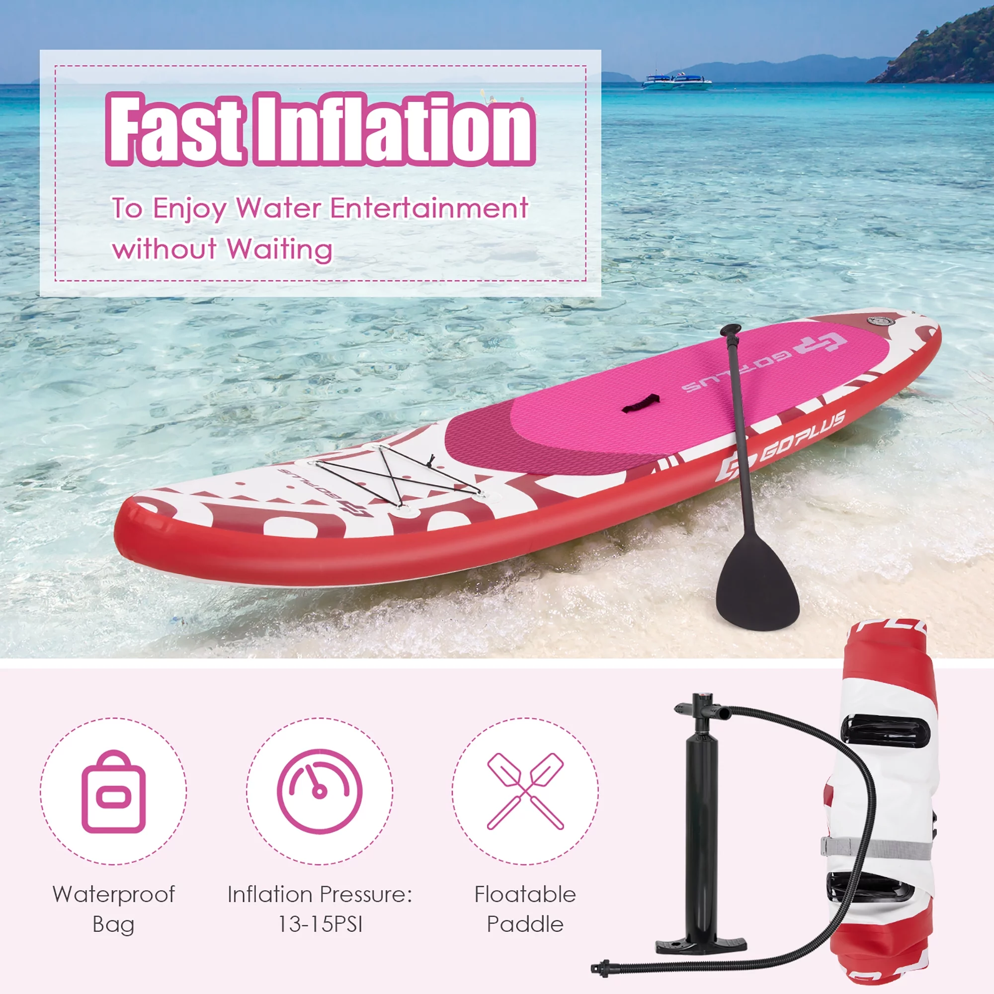 Goplus 10.5′ Inflatable Stand Up Paddle Board SUP W/Carrying Bag Aluminum Paddle Pink