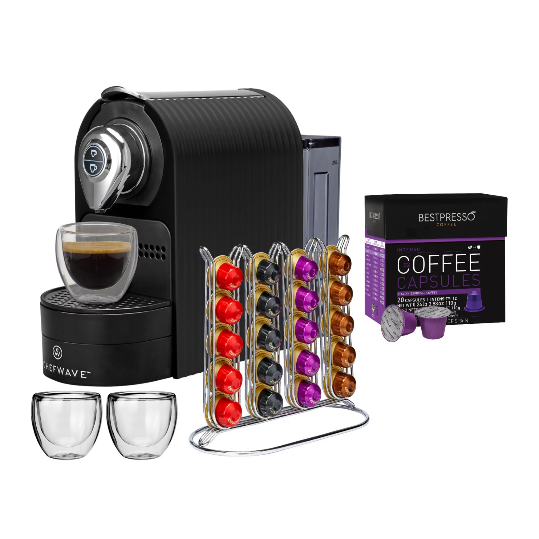 ChefWave Mini Espresso Machine (Black) with Coffee Capsules and Holder Bundle