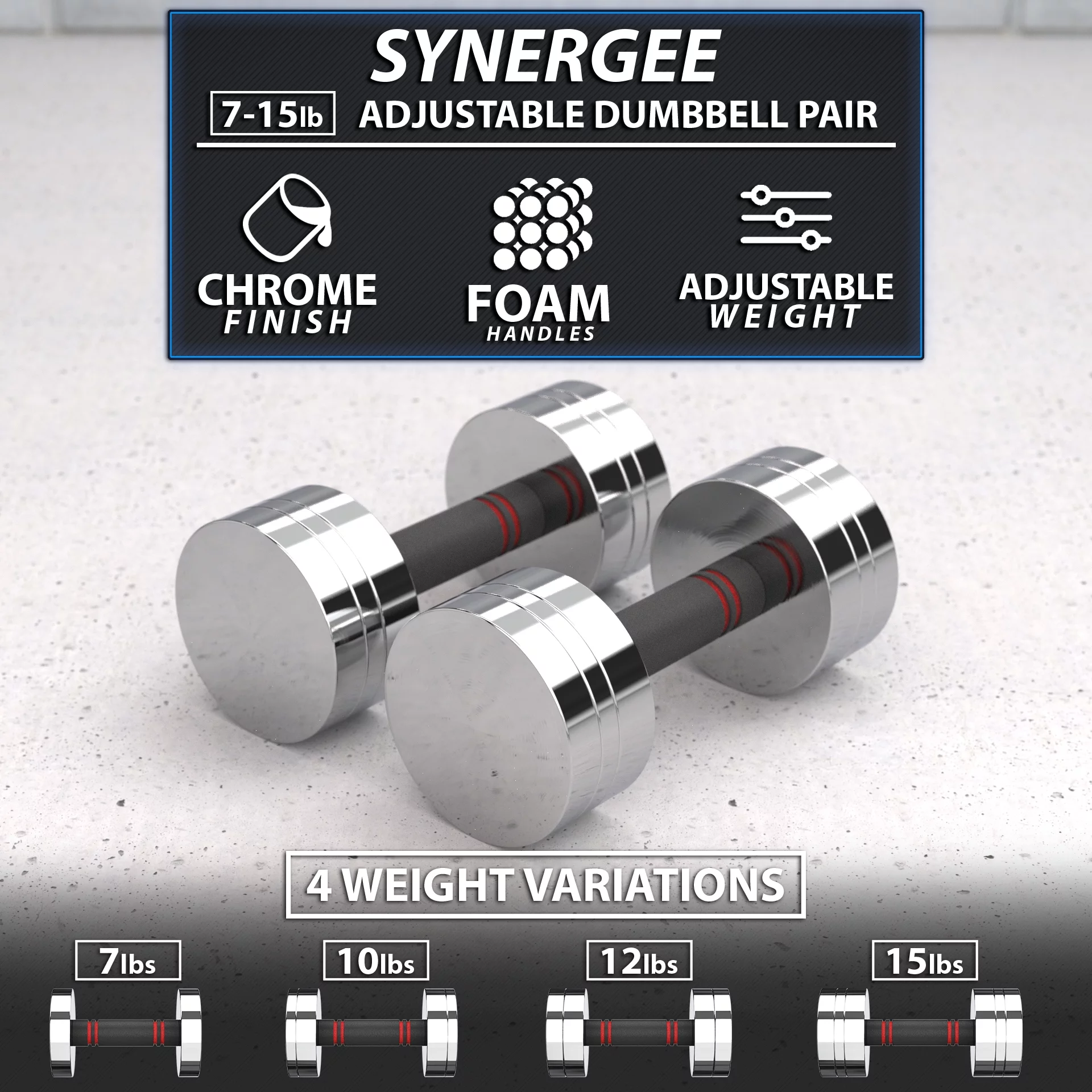 Synergee Ultra Compact Adjustable Dumbbell Set. Steel Weight Set with Foam Handles and Chrome Finish. Weights Range from 5-10 lbs.