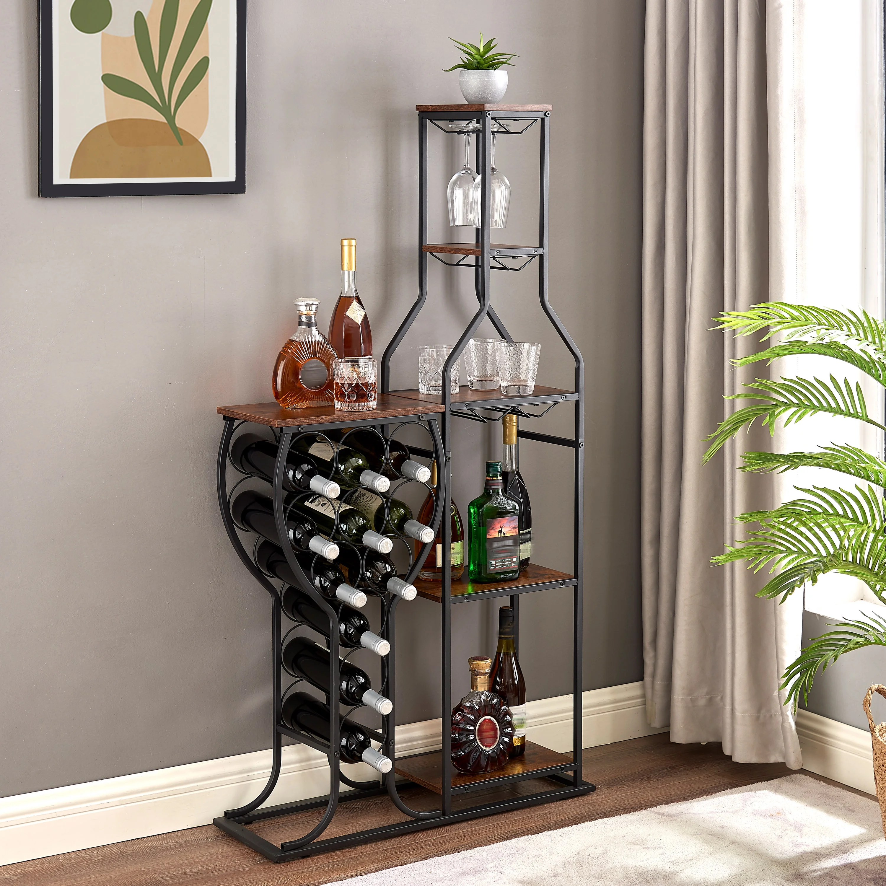 JRHRXXY Freestanding Floor Wine Rack with Wine Glasses Holder,5-Tier Holds 11 Bottles of Wine,for Home,Kitchen,Living Room,Dining Room,As a Gift for Holiday or Birthday