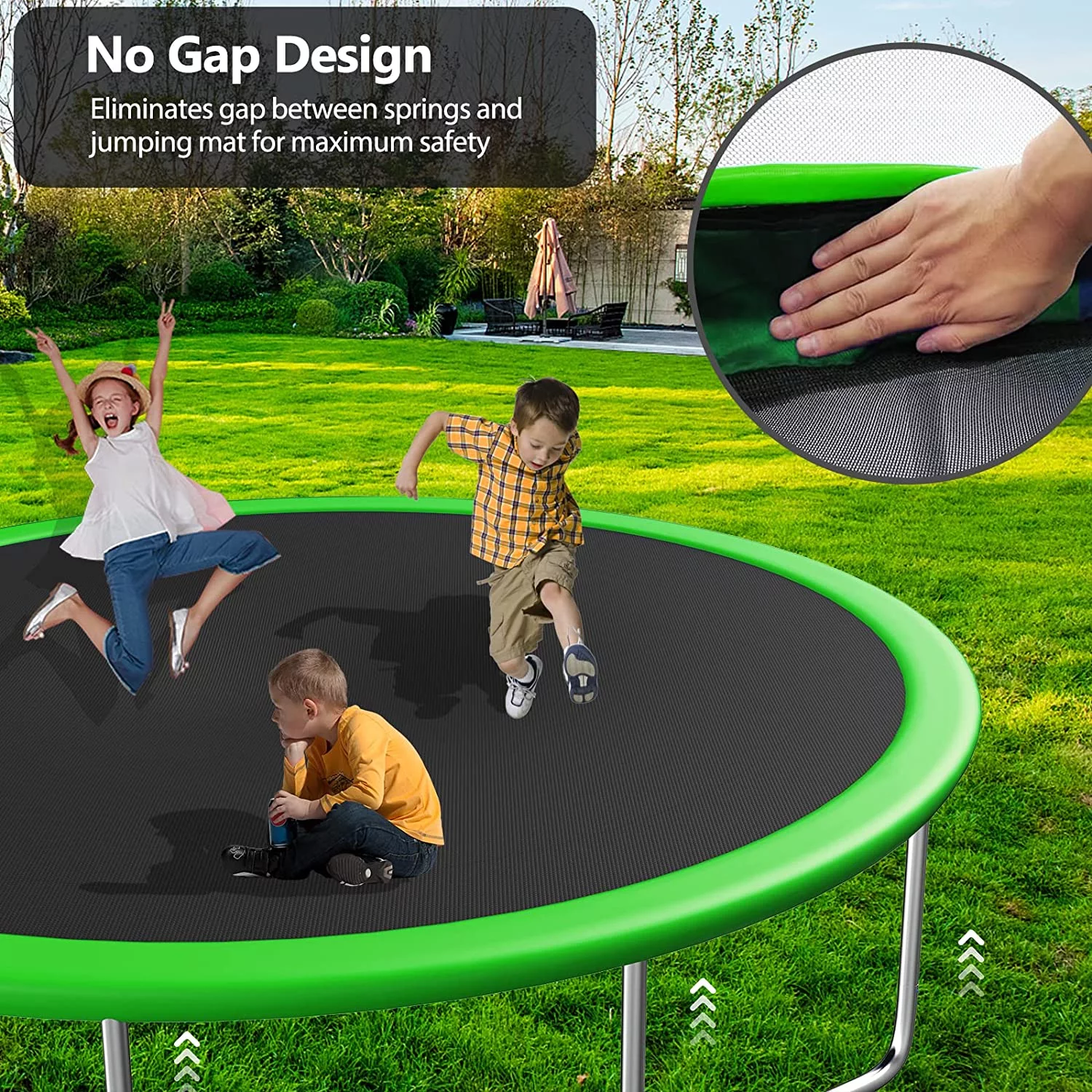 Jump Into Fun 12/14FT Trampoline with Swing and Slide, 1000LBS Capacity 6-8 Kids Trampoline for Adults/Kids, Outdoor Trampoline with Enclosure, Basketball Hoop and LED Light, Recreational Trampoline