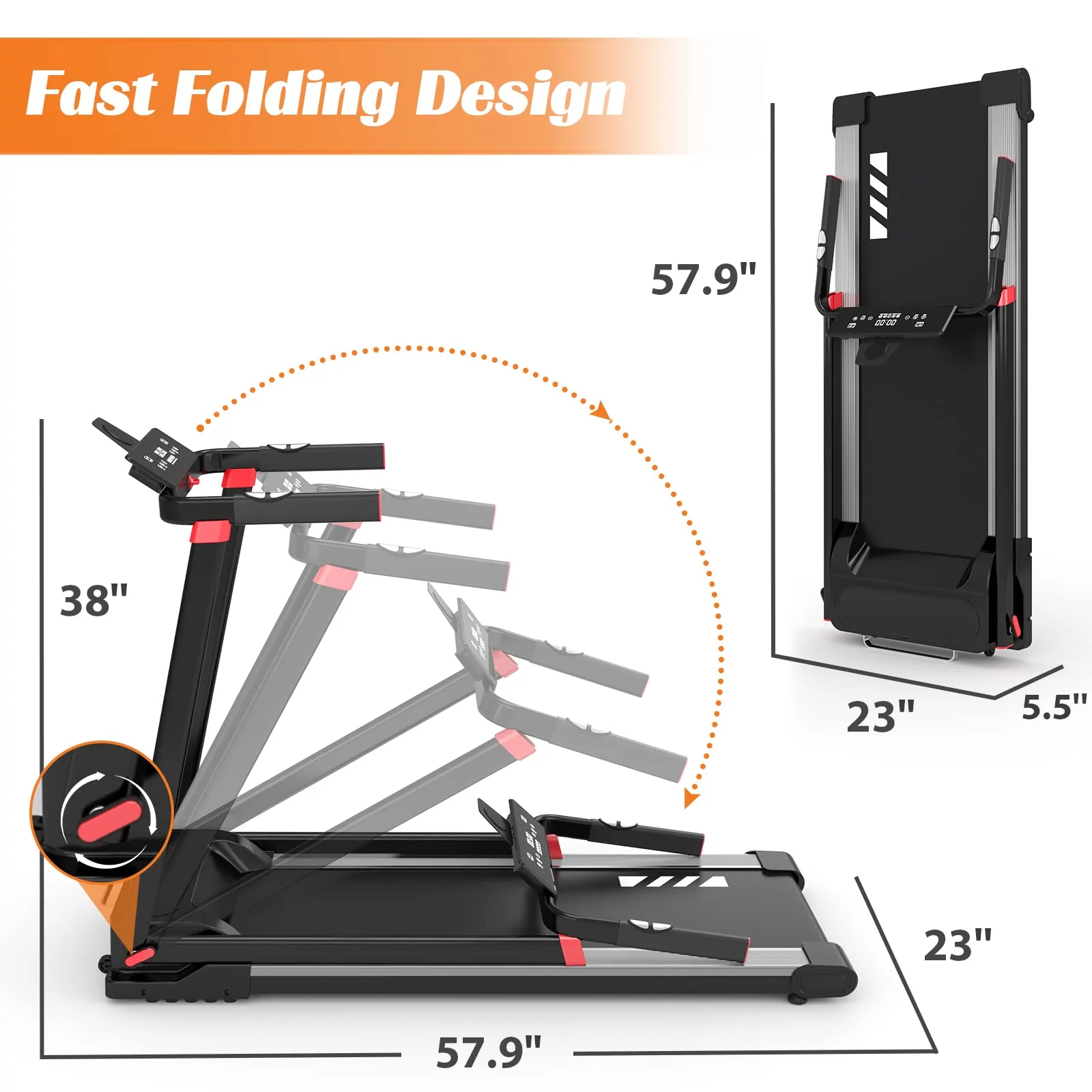 Folding Treadmill, Infrared Speed Regulation, LED Touch Display Screen, Max 2.25 HP 220 LBS Capacity Folding Treadmill, Walking Jogging for Home Office