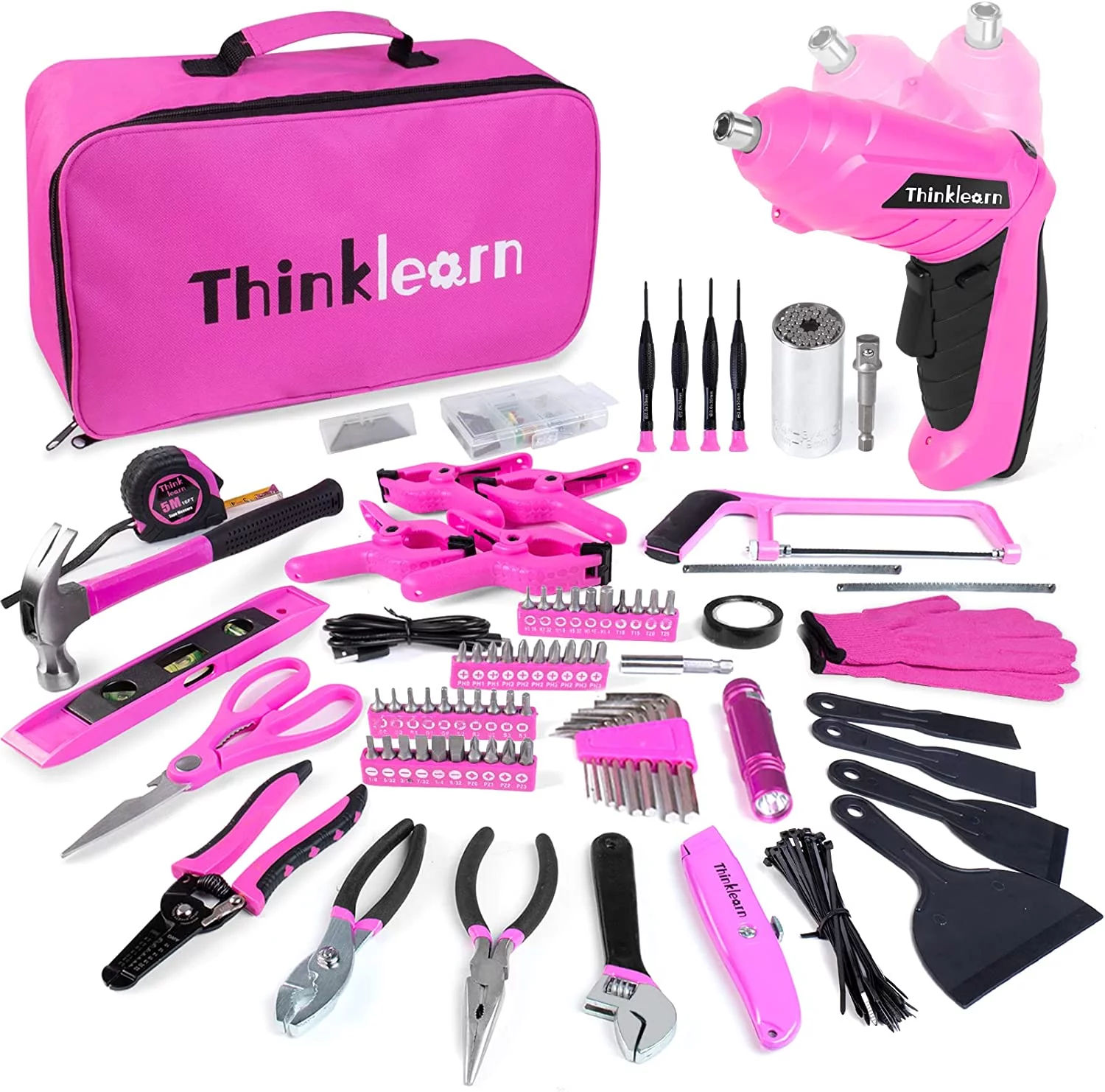 ThinkLearn Pink Tool Kit with 20V Cordless Drill(265in-lbs), Pink Drill Set for Women,Lady’s Home Tool Kit for DIY