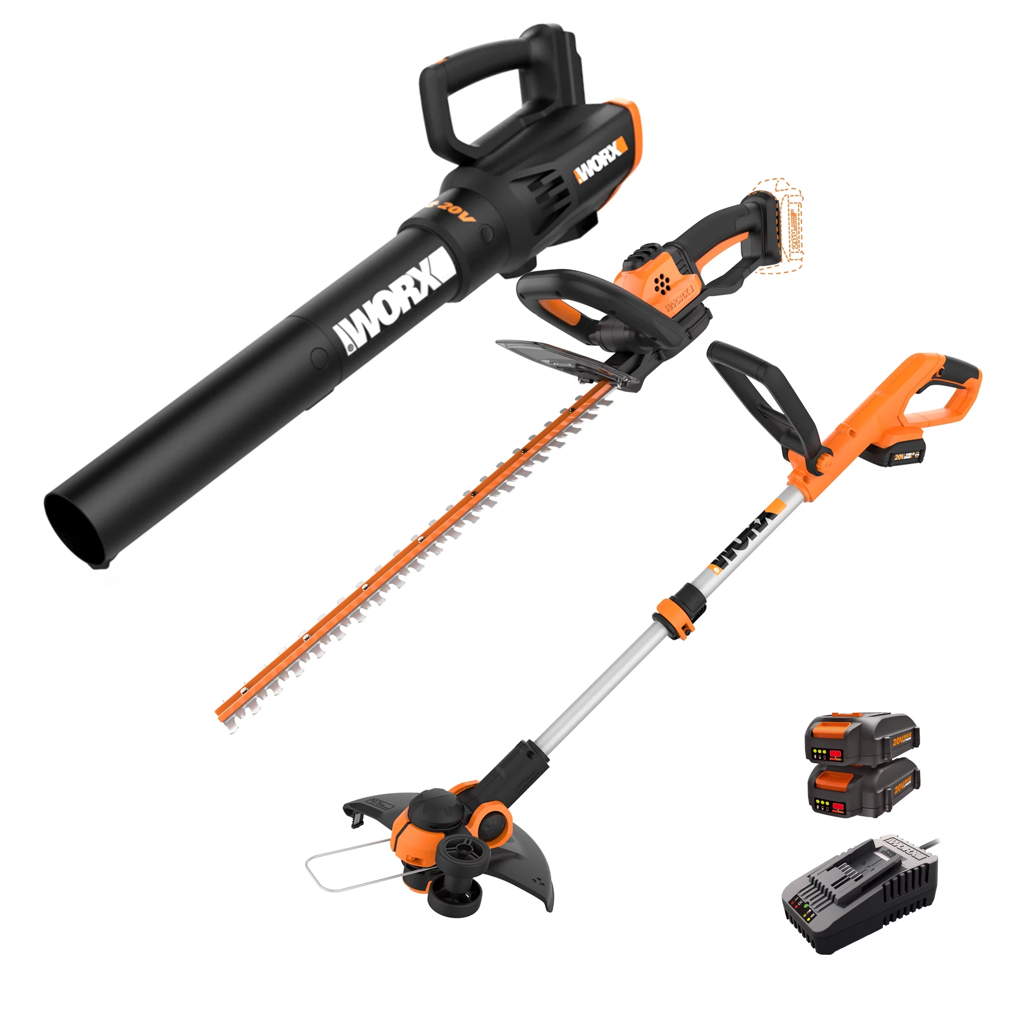 Worx Cordless 20V Leaf Blower, Hedge Trimmer, & Weed Trimmer Combo Kit