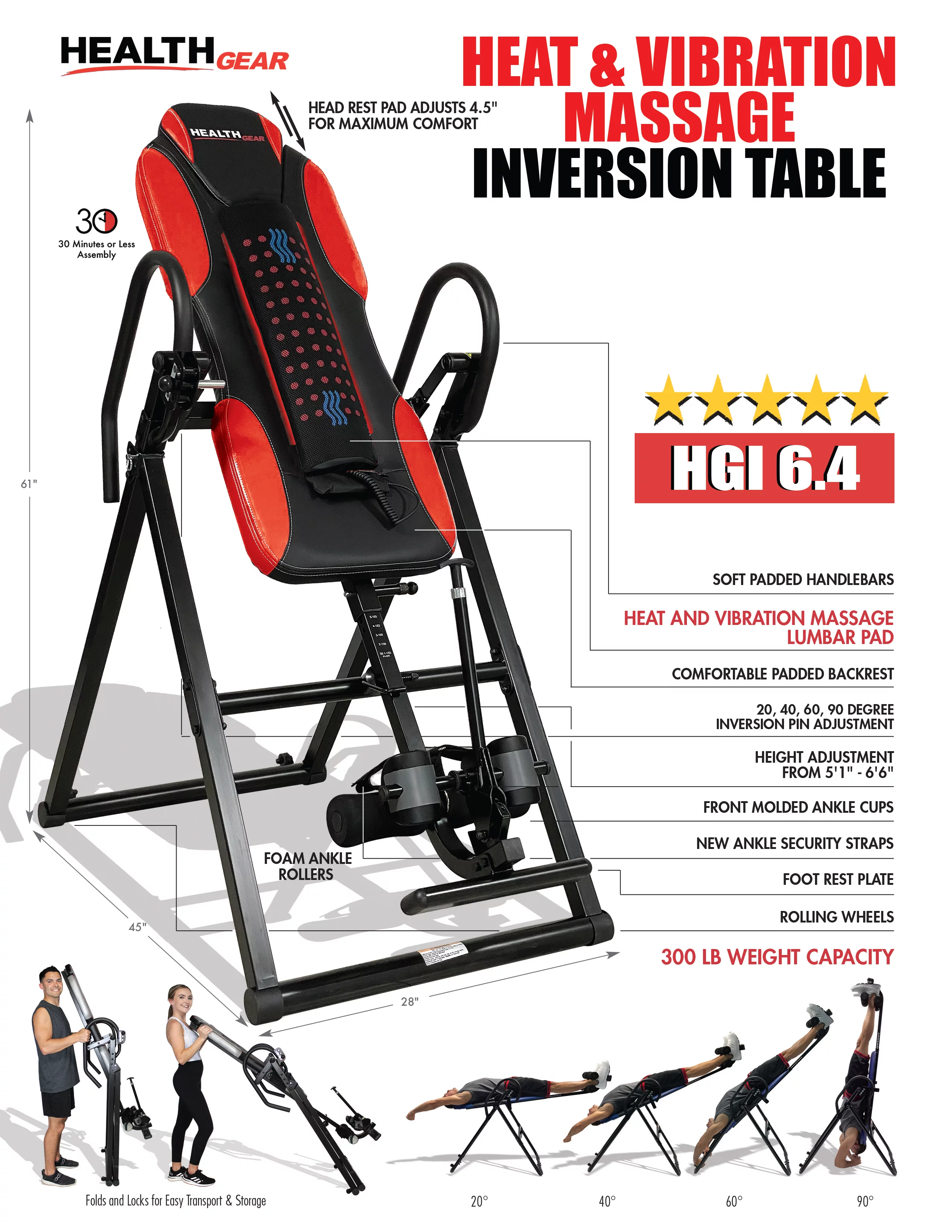 Health Gear Deluxe Heat and Vibration Massage Inversion Table, HGI 6.4, Black, 300lb Weight Capacity