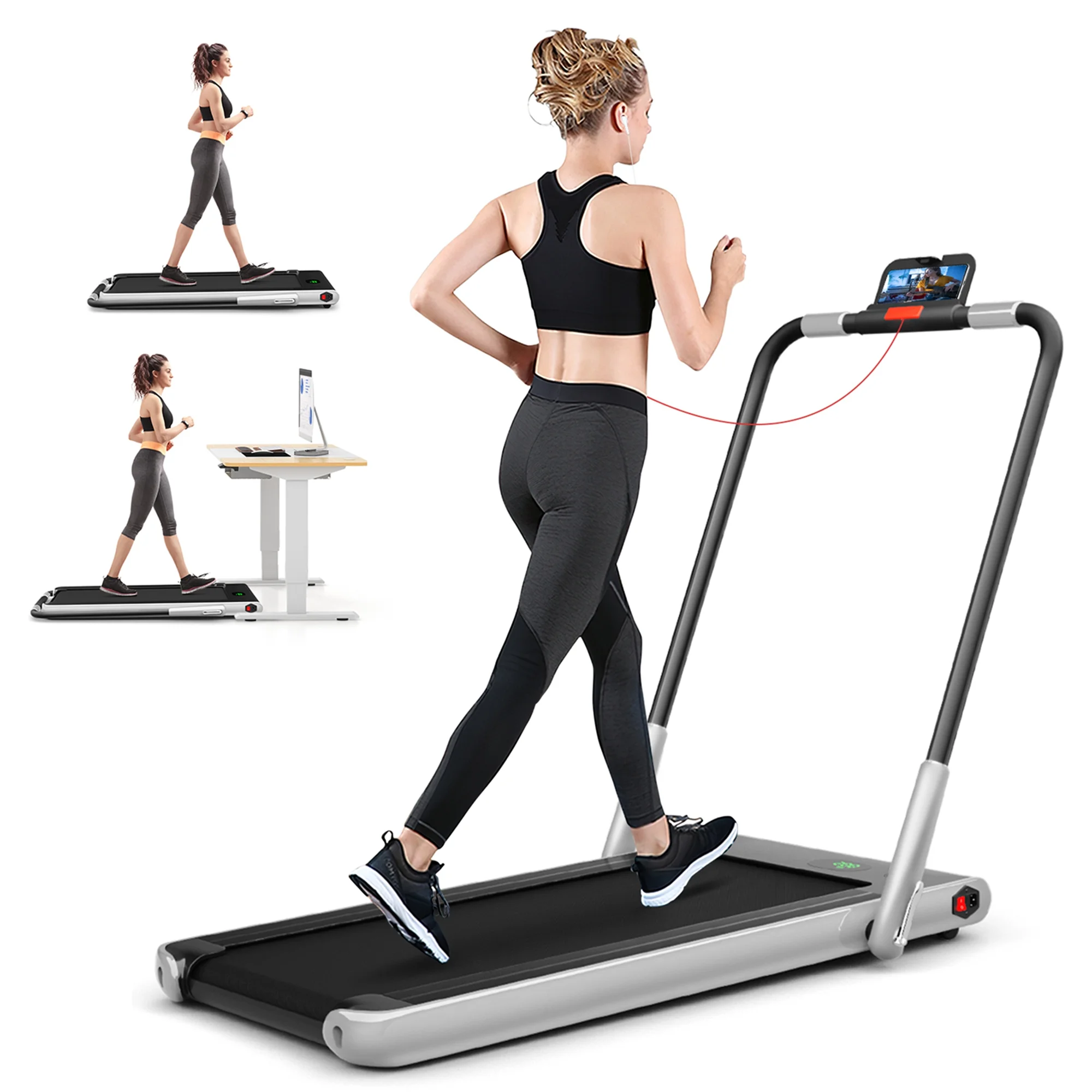 SuperFit Up To 7.5MPH 2.25HP 2-in-1 Folding Under Desk Treadmill W/Speaker Controller APP, Single Display Screen Silver