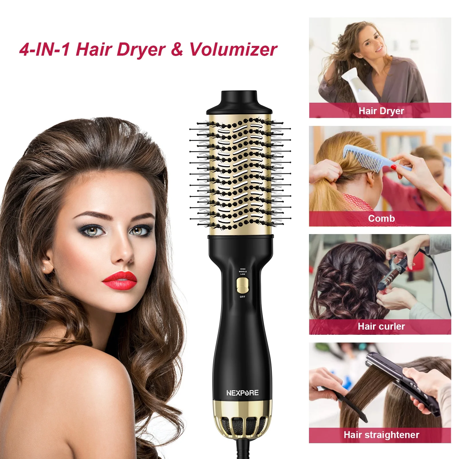 NEXPURE Hair Dryer Brush,Upgraded 4 in 1 Hair Dryer Brush Blow Dryer Brush in One with Negative Ion Anti-Frizz Ceramic Titanium Barrel Hot Air Brush Hair Straightener Brush