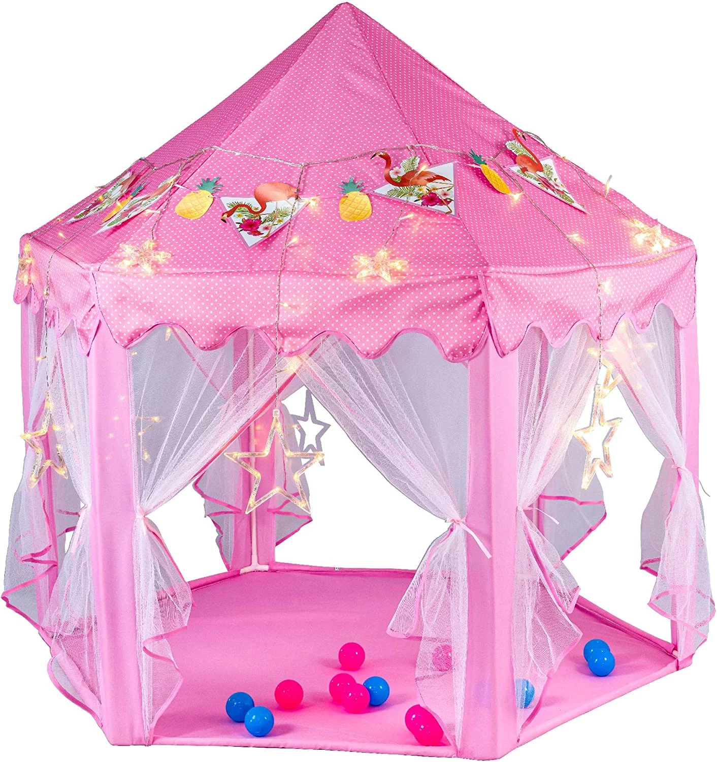 Twinkle Star 55″x 53″ Princess Castle Play Tent for Girls Playhouse with 138 LED Star String Lights and Banners Decor, Kids Game House for Indoor Outdoor Game(Pink)