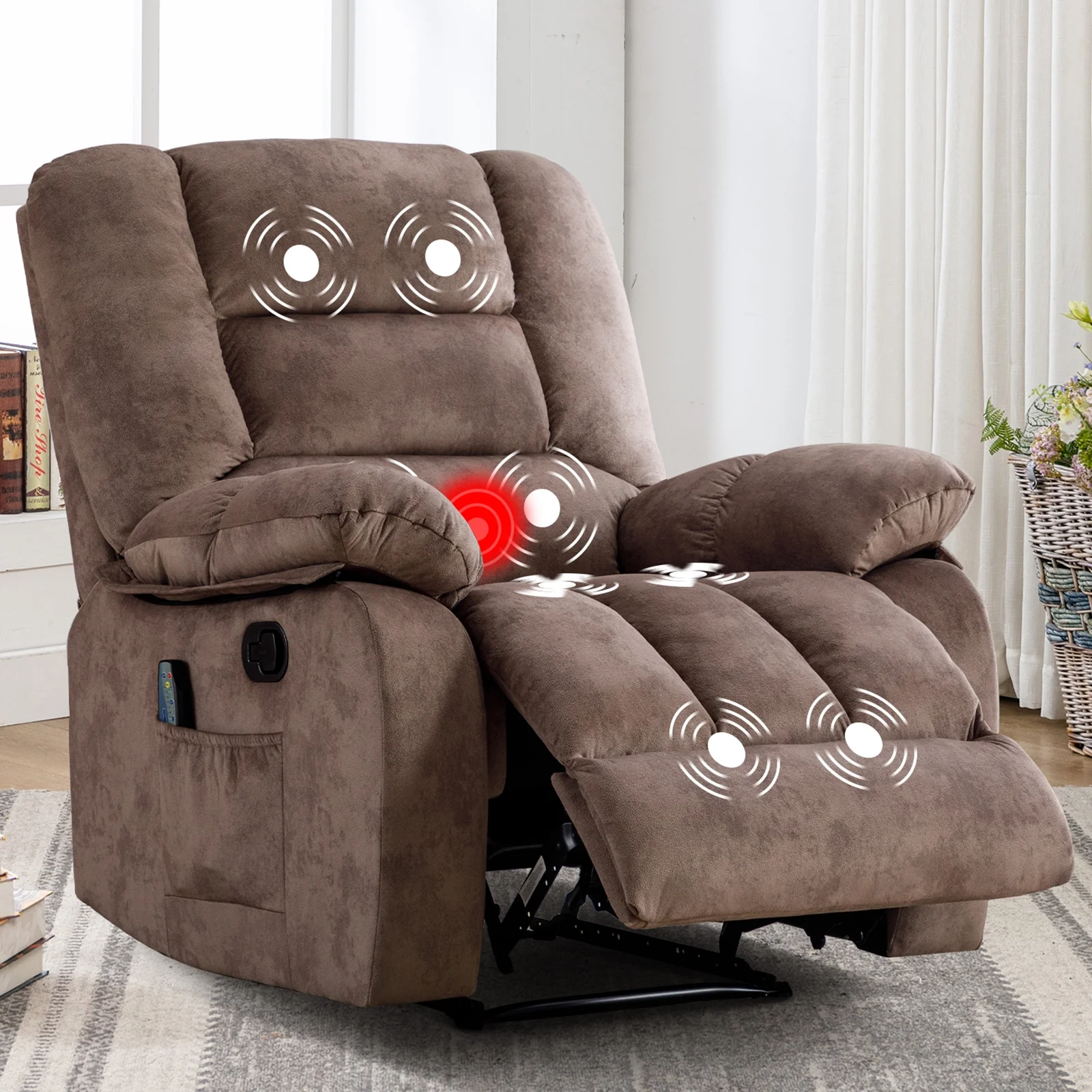 Bonzy Home Recliner Chairs with Massage and Heat Overstuffed Fabric Manual Recliners for Living Room, Gray