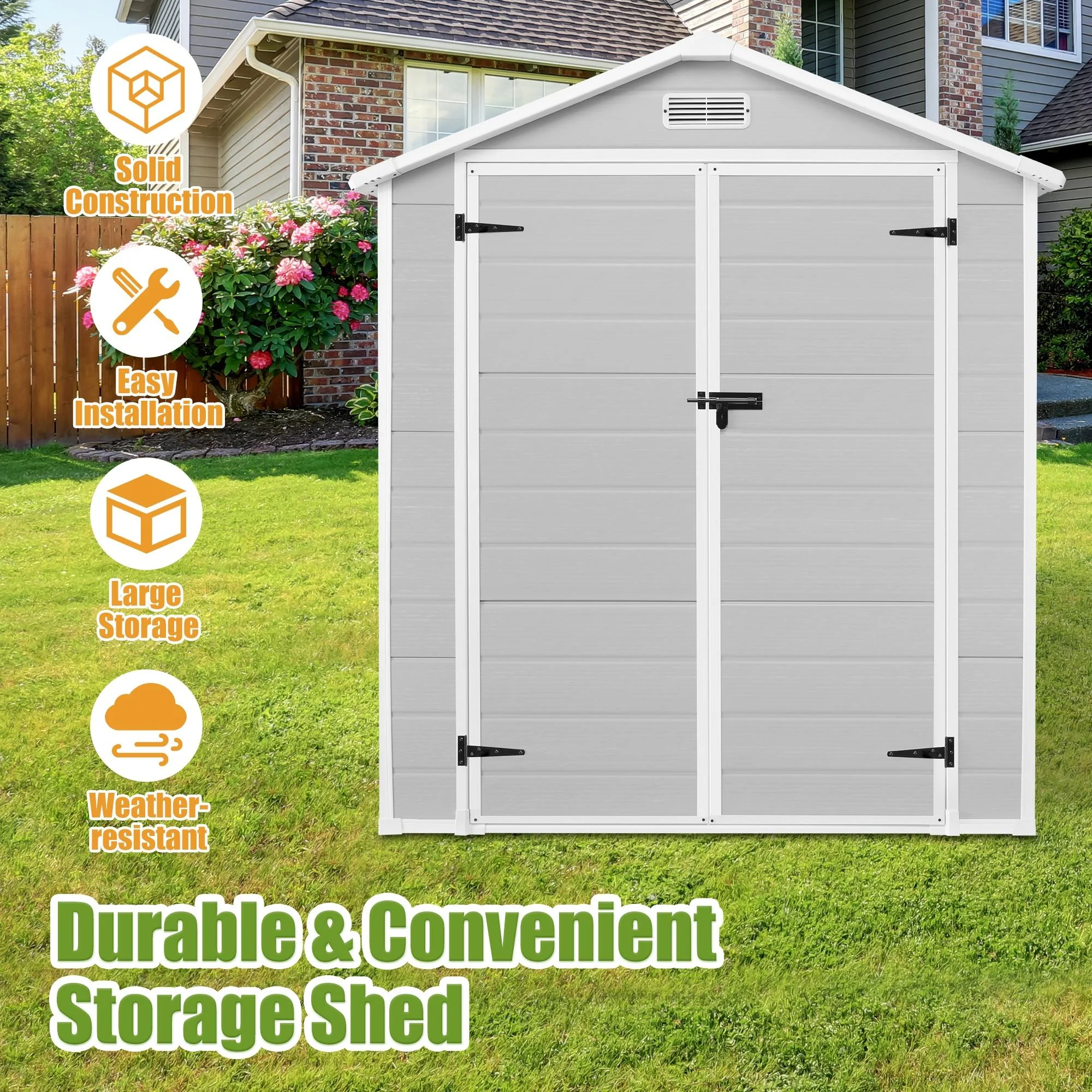 6′ x 4.4′ Plastic Outdoor Shed, All-Weather Resin Large Backyard Storage Sheds with Reinforced Floor, Lockable Door Garage Patio Garden Storage Shed