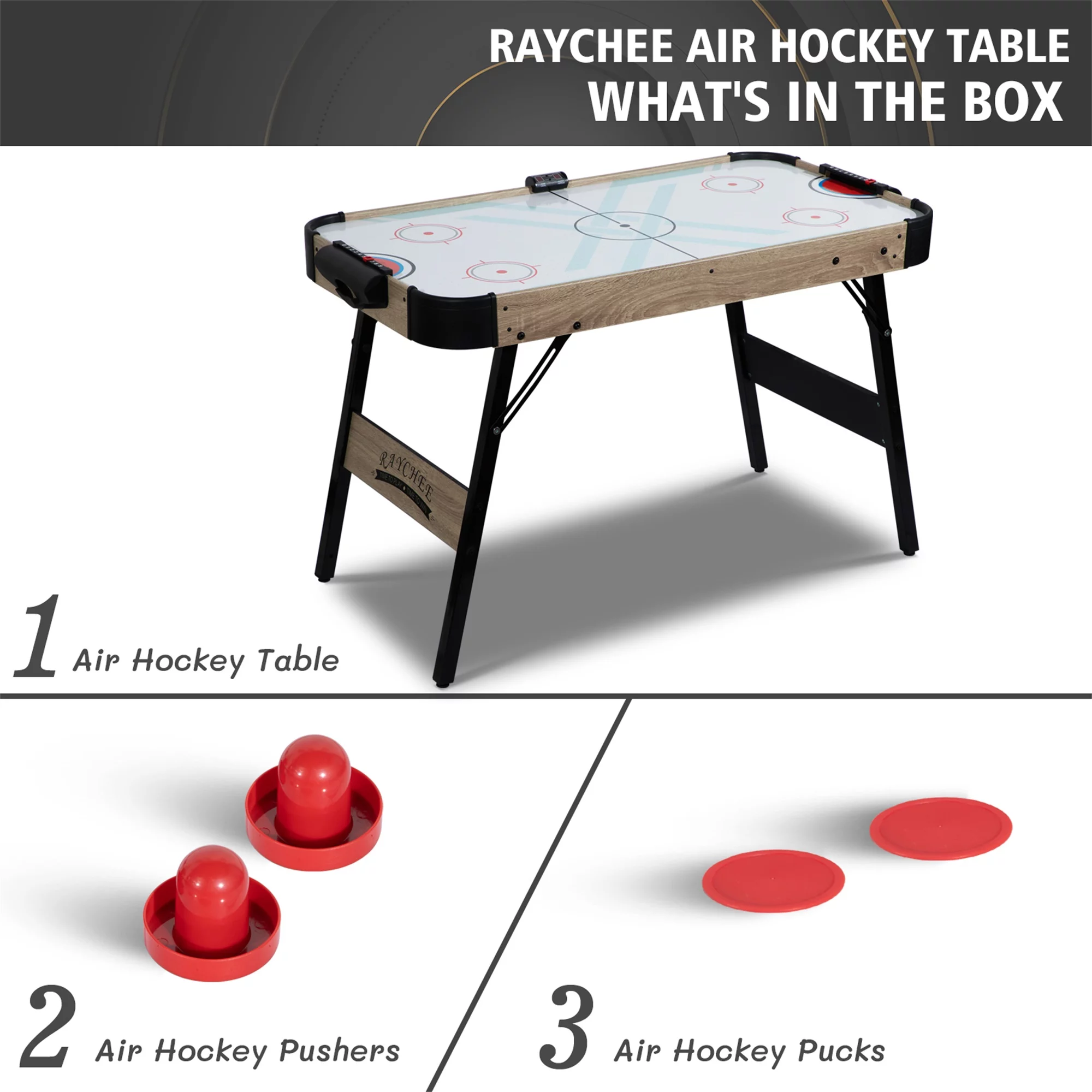 RayChee 48in Foldable Air Powered Hockey Table for Home Game Room w/ 2 Pucks, 2 Pushers, LED Scoreboard, 12V Motor (Oak)