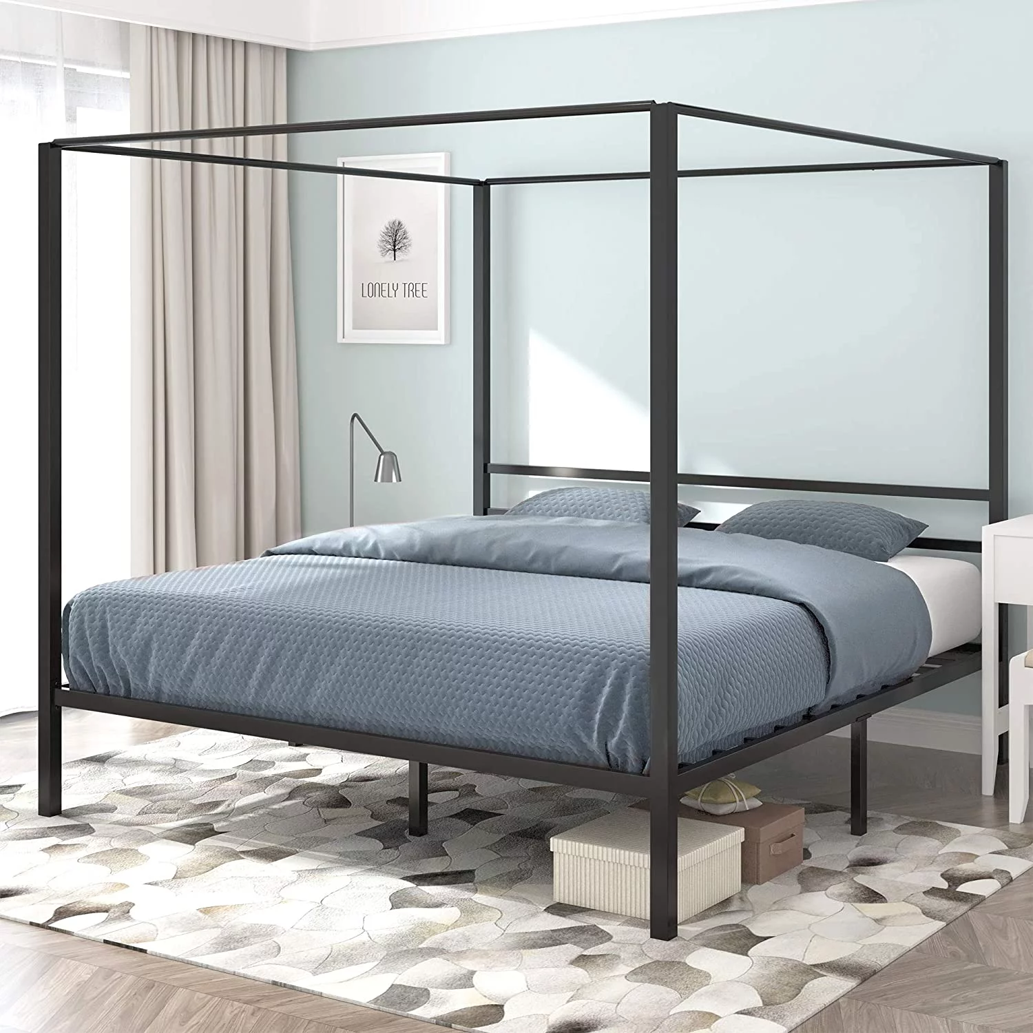 Dextrus Metal Canopy Bed Frame 14″ Platform with Headboard Strong Metal Slat Support Mattress Foundation, No Box Spring Needed, Black, Queen Size