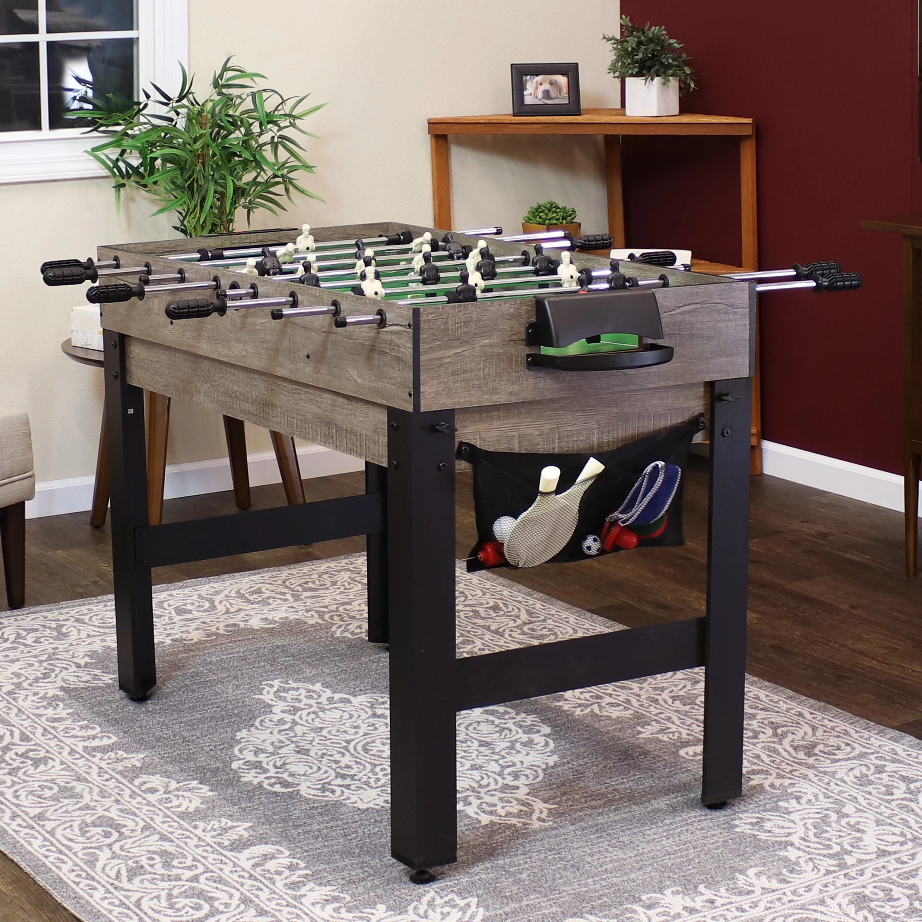 Sunnydaze Indoor Rustic Style 2 Player 5-in-1 Multi-Game Table with Billiards, Push Hockey, Foosball, Ping Pong, and Basketball – 45″ – Weathered Gray