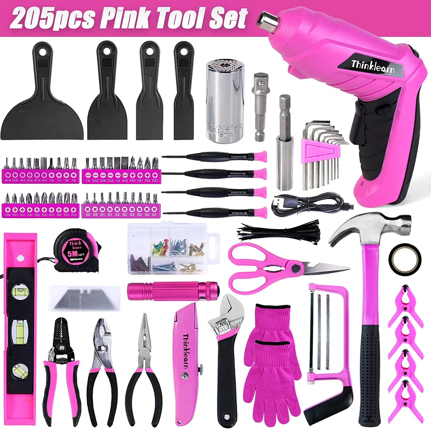 ThinkLearn Pink Tool Kit with 20V Cordless Drill(265in-lbs), Pink Drill Set for Women,Lady’s Home Tool Kit for DIY