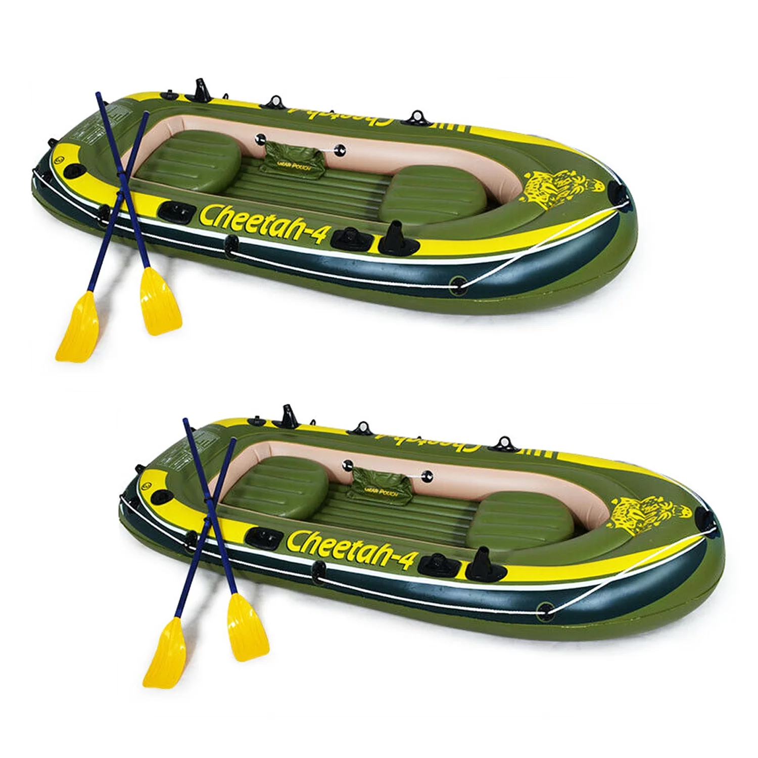 CHEETAH 4 Person Inflatable Boat Raft Set with Oars & Air Pump (2 Pack)