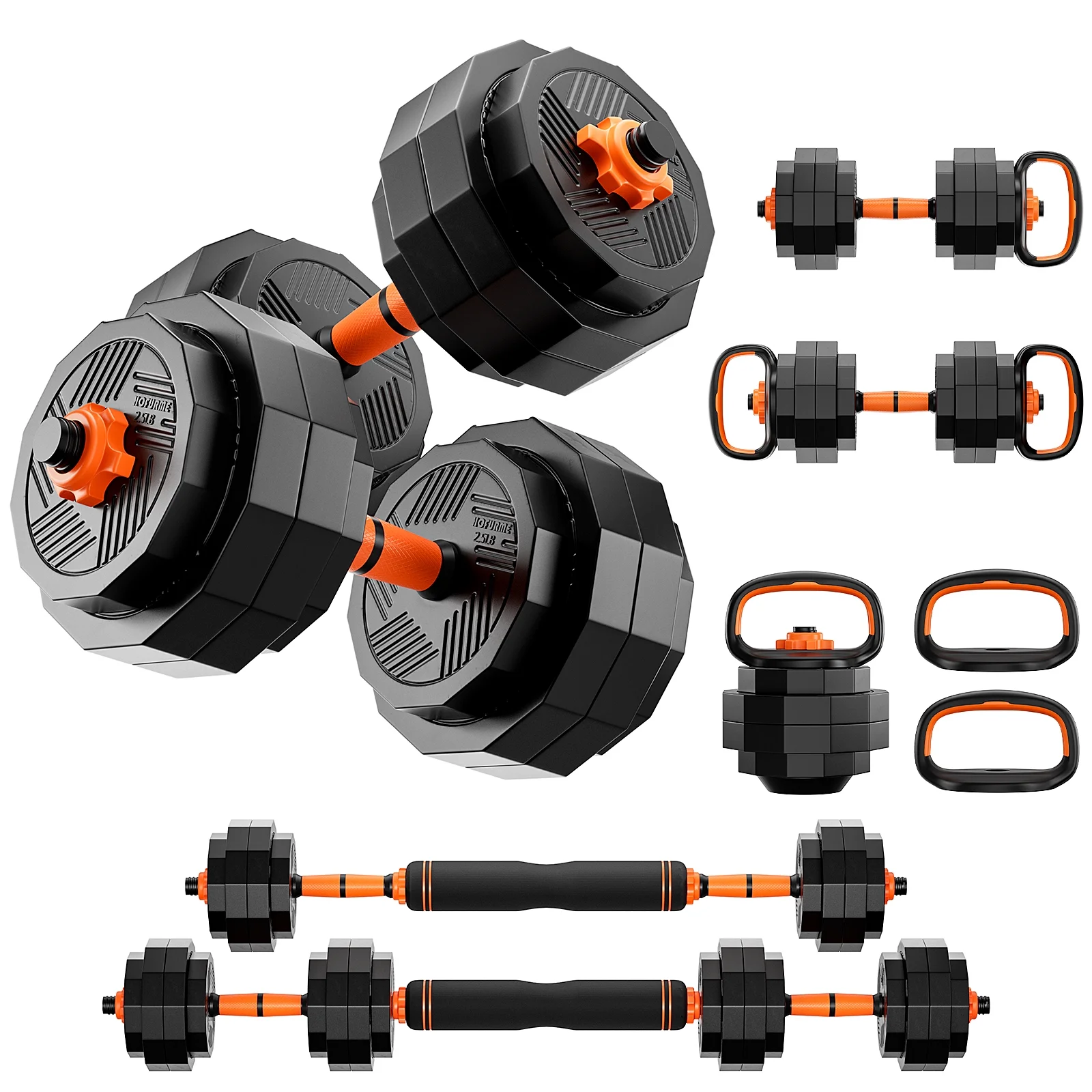 Relefree 62 lbs Adjustable Dumbbell Set, 4 in 1 Free Weight Dumbbells with Connector, Barbell, Kettlebells, Push up Stand, Fitness Exercises for Home Gym Workout