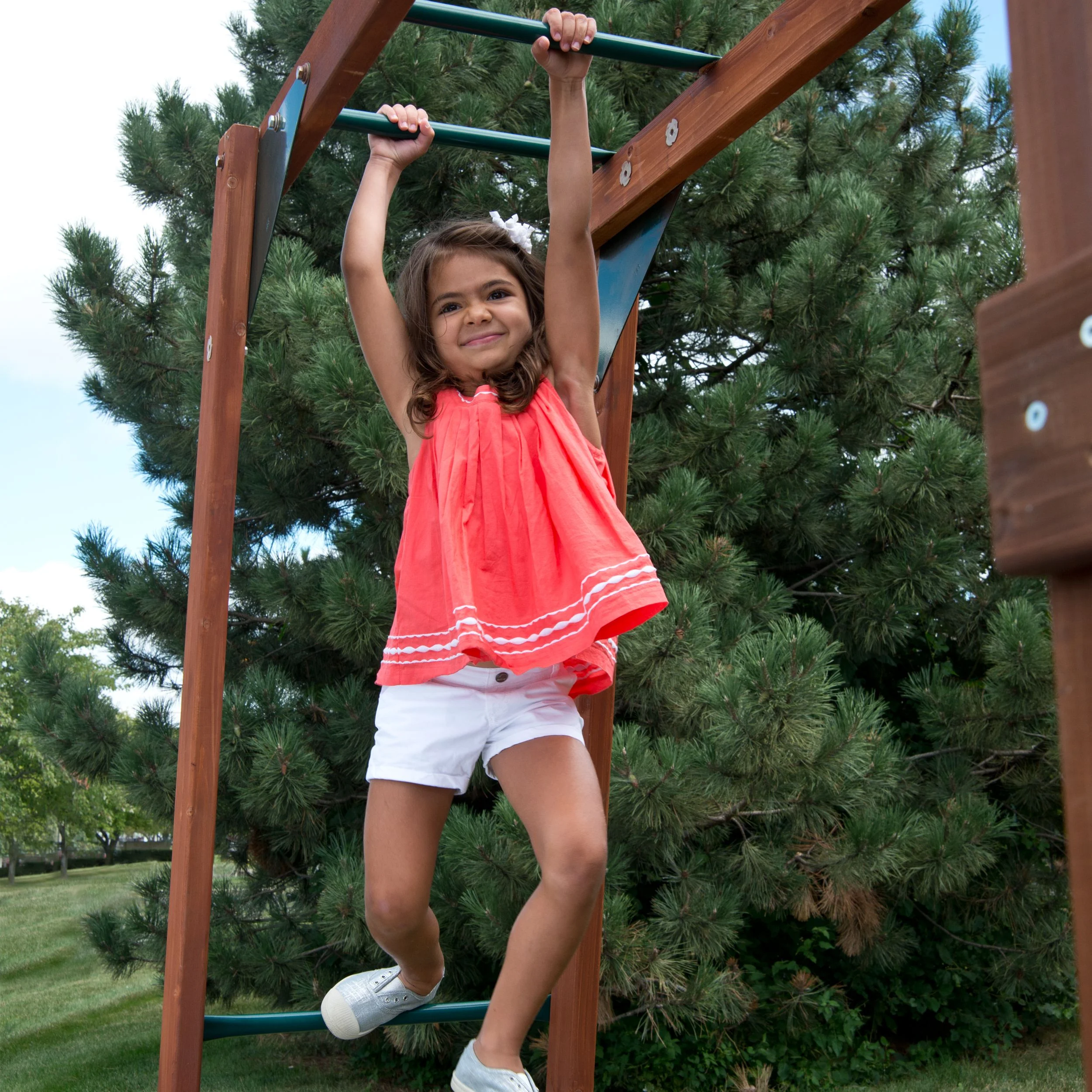 Swing-N-Slide Grandview Twist Wood Backyard Swing Set with Tube Slide, Curved Slide, Wood Roof, Monkey Bars and Swings