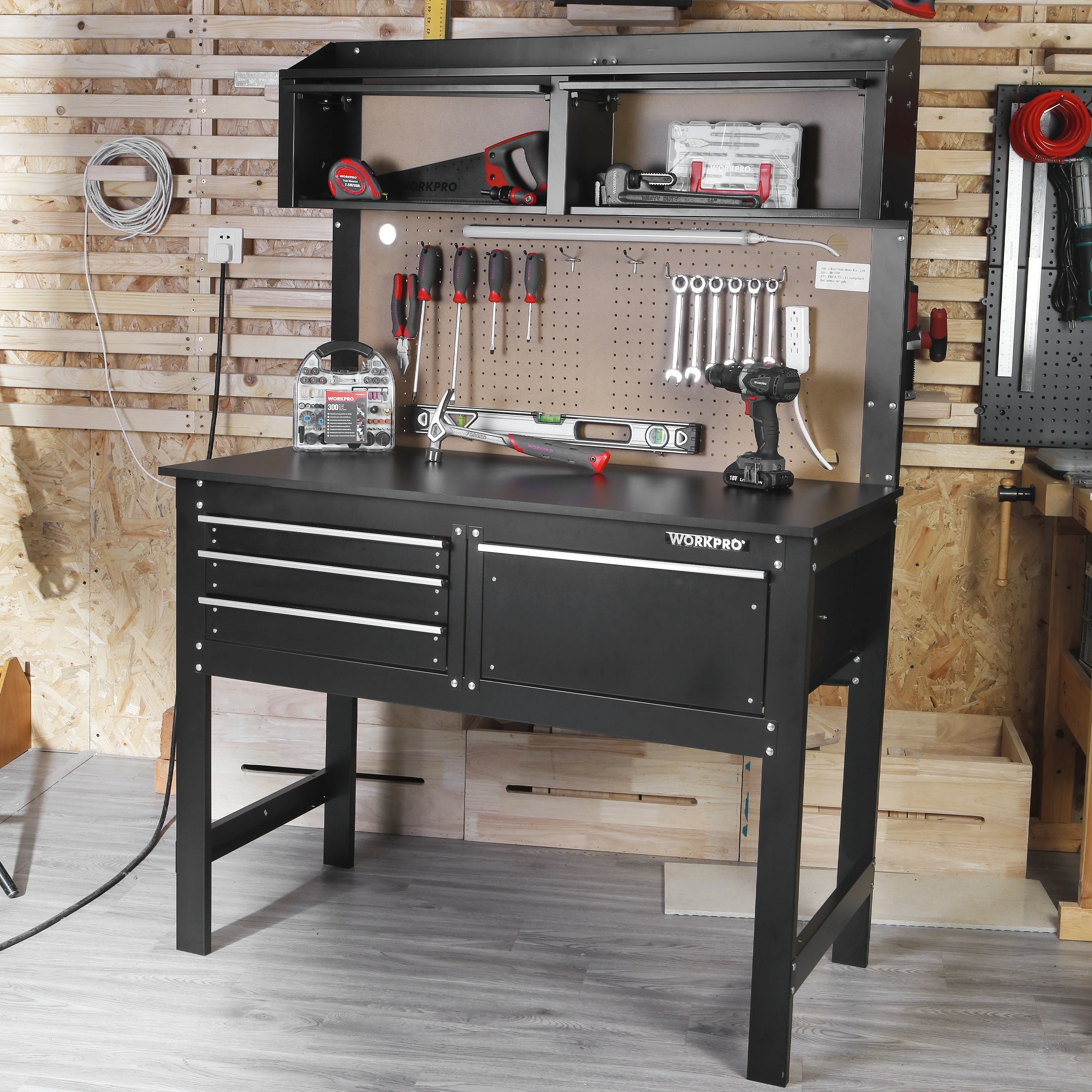 WORKPRO 2-in-1 48-inch Workbench and Cabinet Combo with Light, Steel, Wood