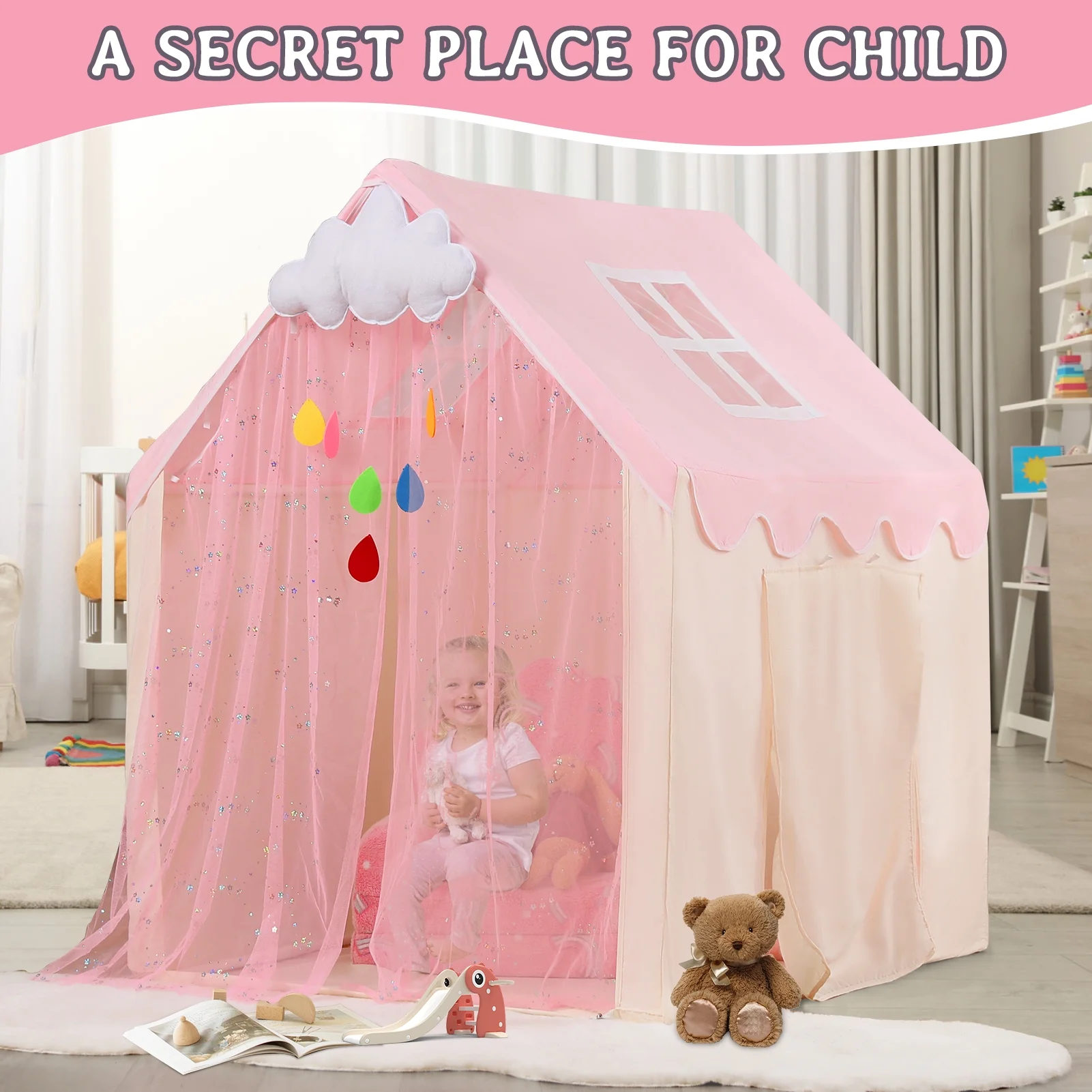 Kids Play Tent with Two Doors and Windows, Middle Sized Playhouse Tent for Baby Girls and Boys, Imaginative Kids Indoor Playhouses Play Tent