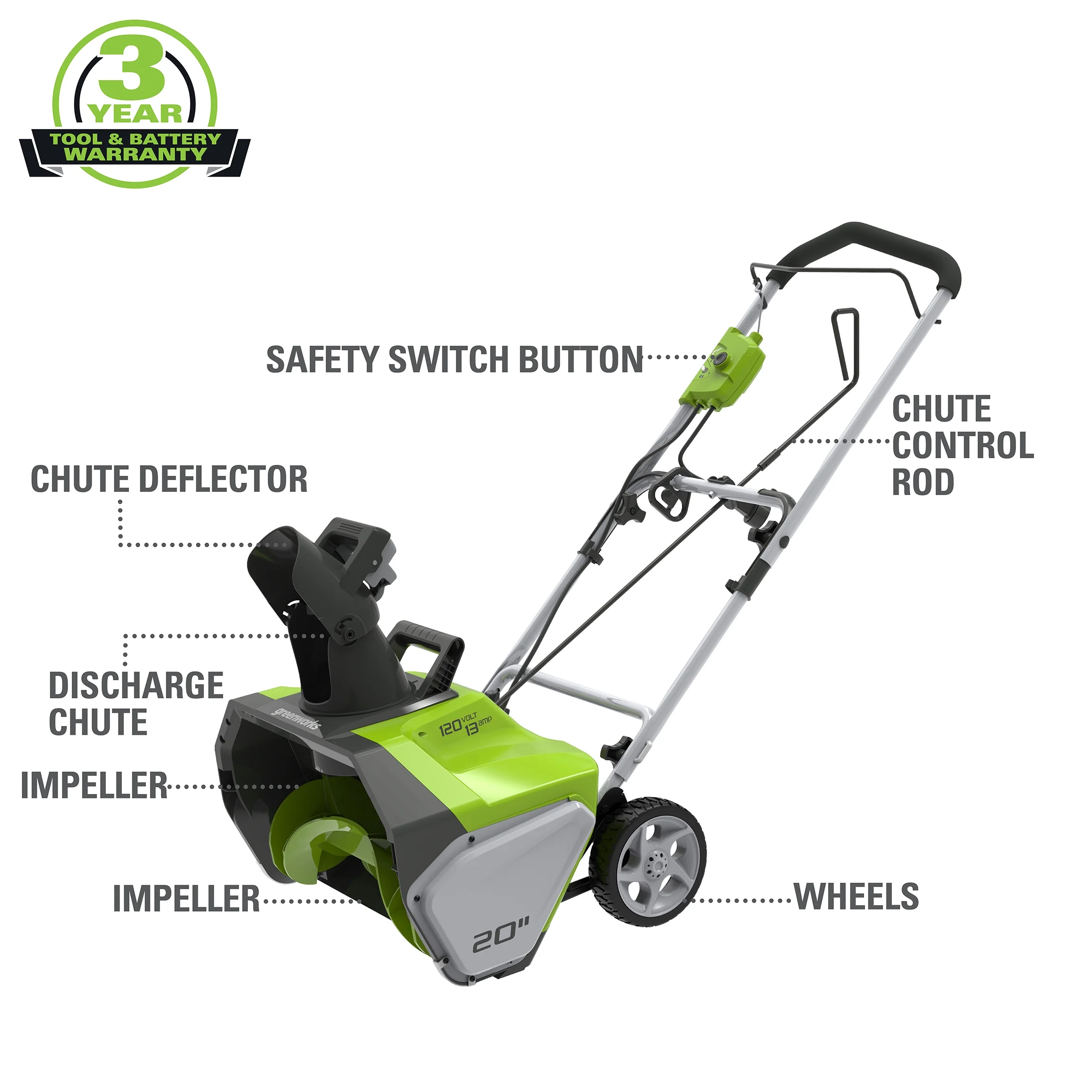 Greenworks 13 Amp 20 in. Corded Electric Snow Thrower, 2600502