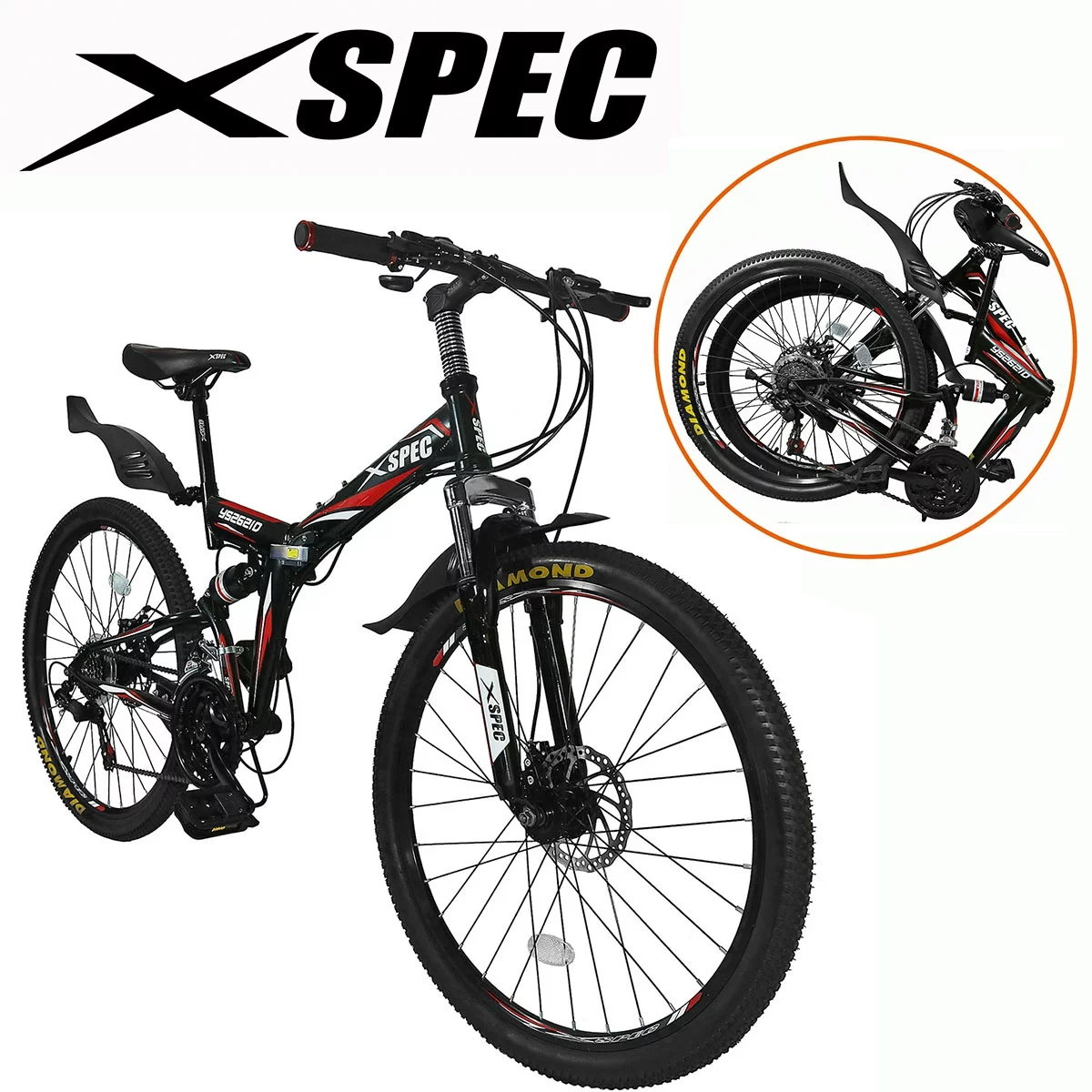 Xspec 7 Speed Folding Compact Mountain Bike, Black, 26 In.