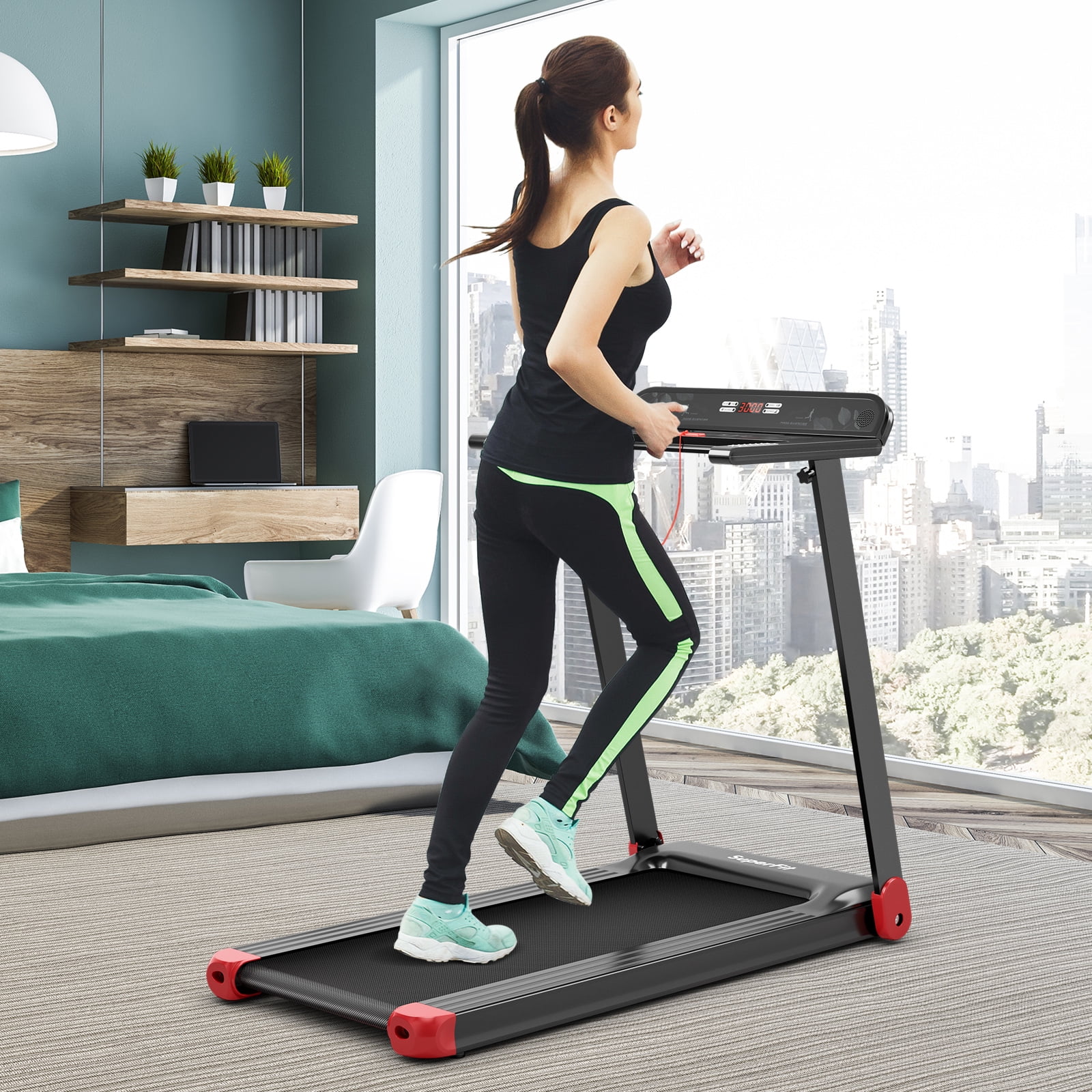 SuperFit Electric Treadmill Compact Walking Running Machine w/APP Control Speaker