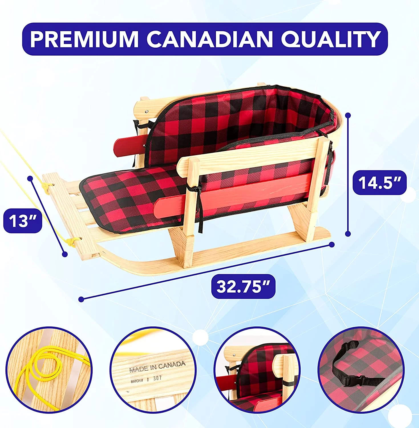 Snow Sleds for Kids ?C Wood Snow Sled with Cushion Seat and Pulling Rope ?C Snow Sled Premium Canadian Quality from Ash Hardwood ?C Sleigh Toboggan