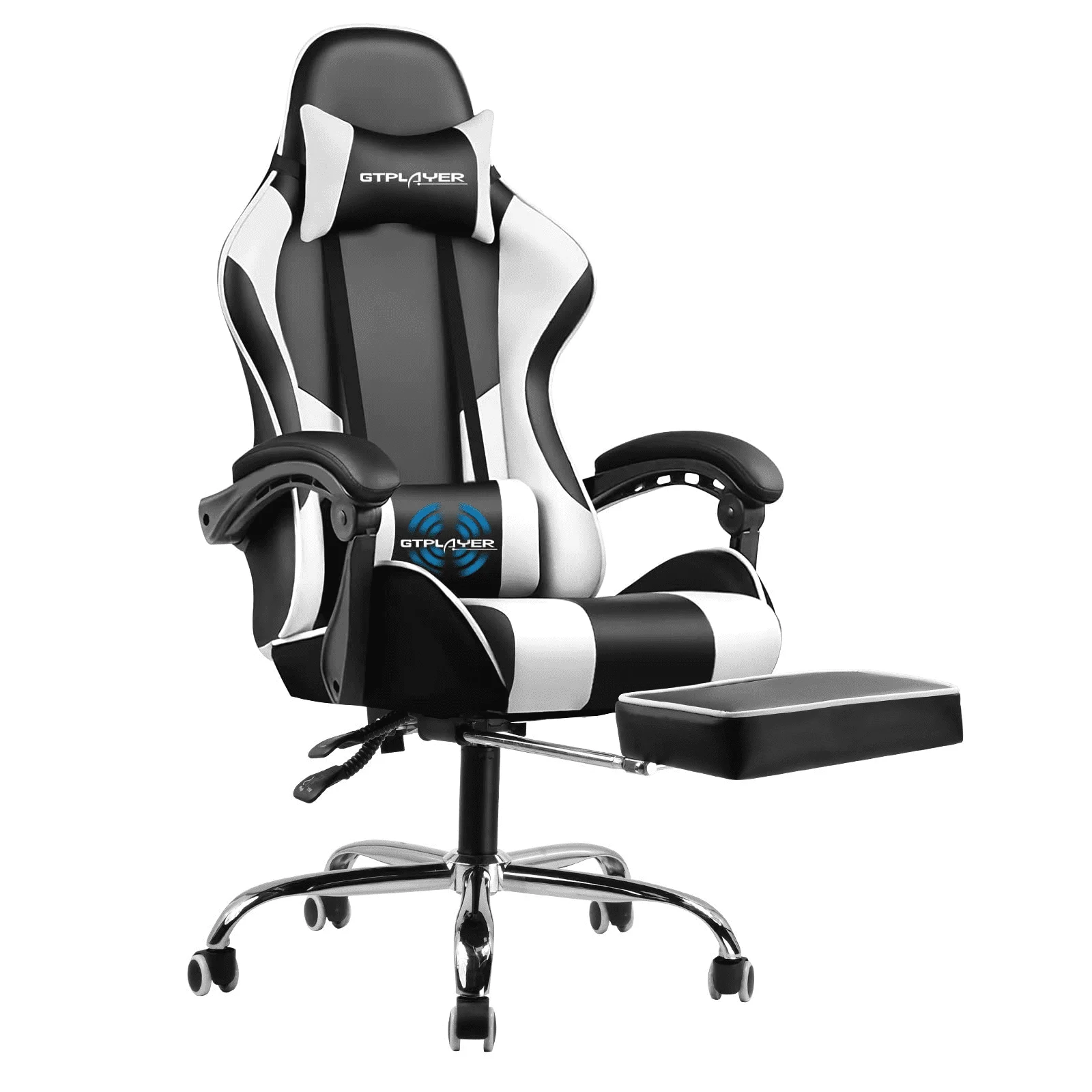 Gtplayer Gaming Chair with Footrest and Ergonomic Lumbar Massage Pillow Faux Leather Office Chair, White