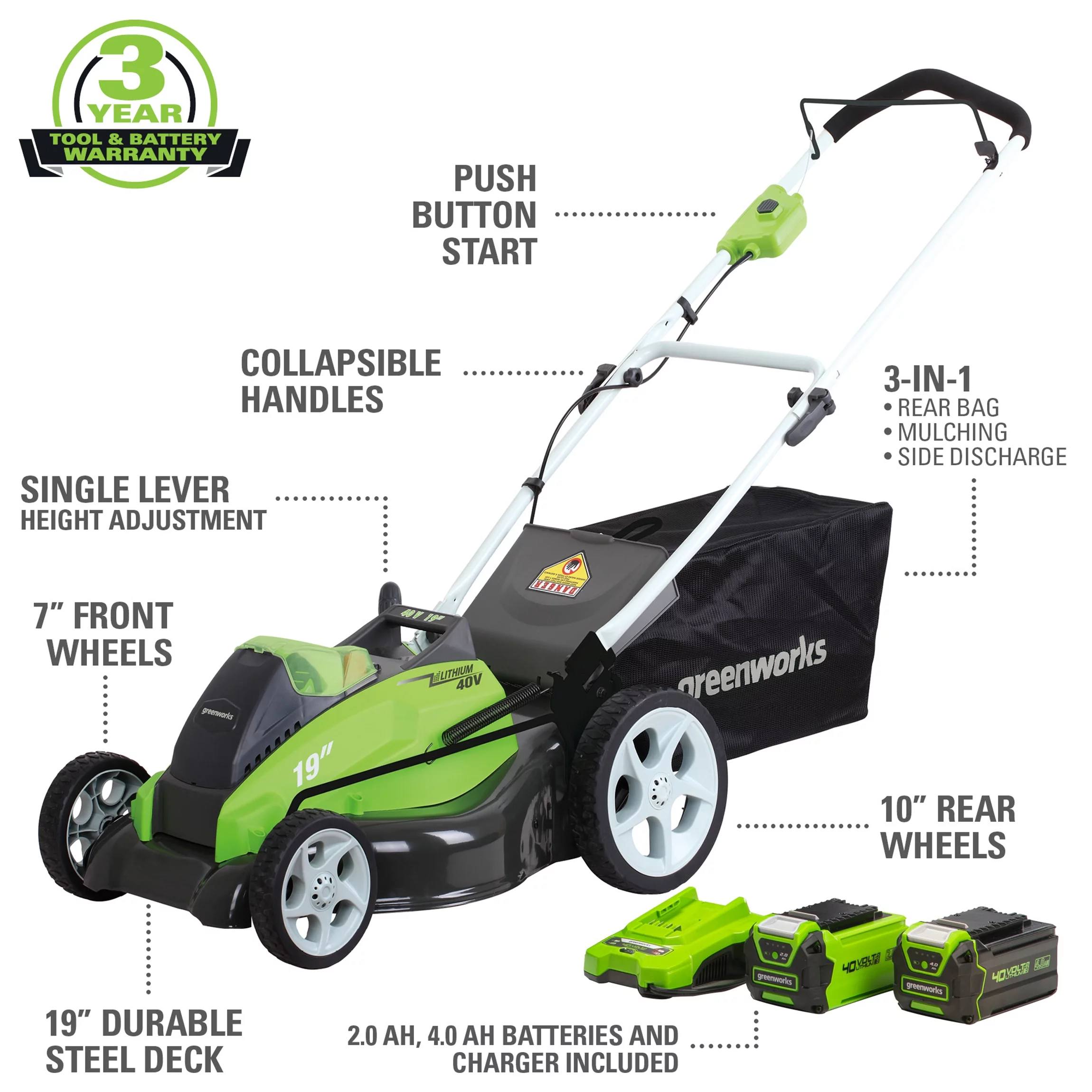 Greenworks 40V 19″ Brushless Walk-Behind Lawn Mower with 4.0 Ah Battery & Charger 2524902