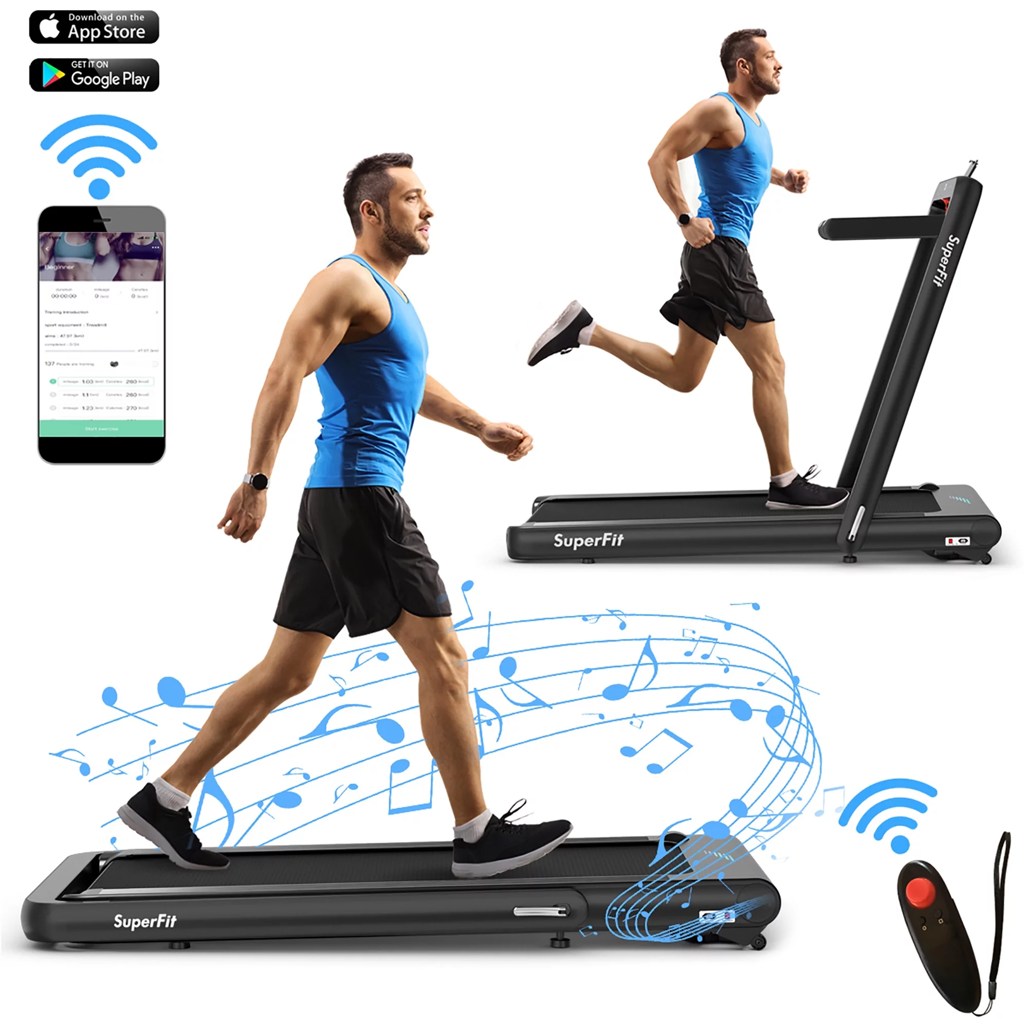 SuperFit 4.75HP 2 In 1 Folding Treadmill W/Remote APP Control White