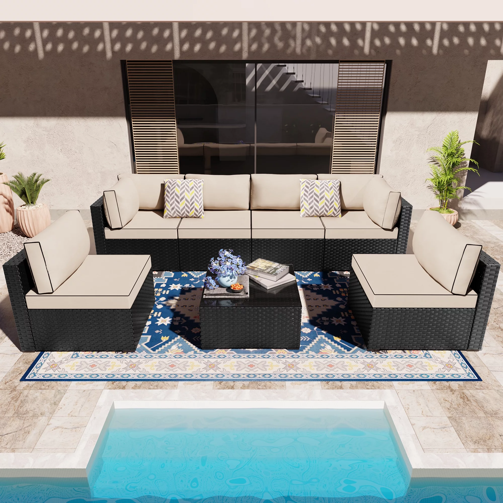 7 Pieces Outdoor Sectional Sofa Furniture Sets, All-Weather Black Wicker Patio Furniture Sets with Tea Table and Washable Couch Cushions Aegean Blue