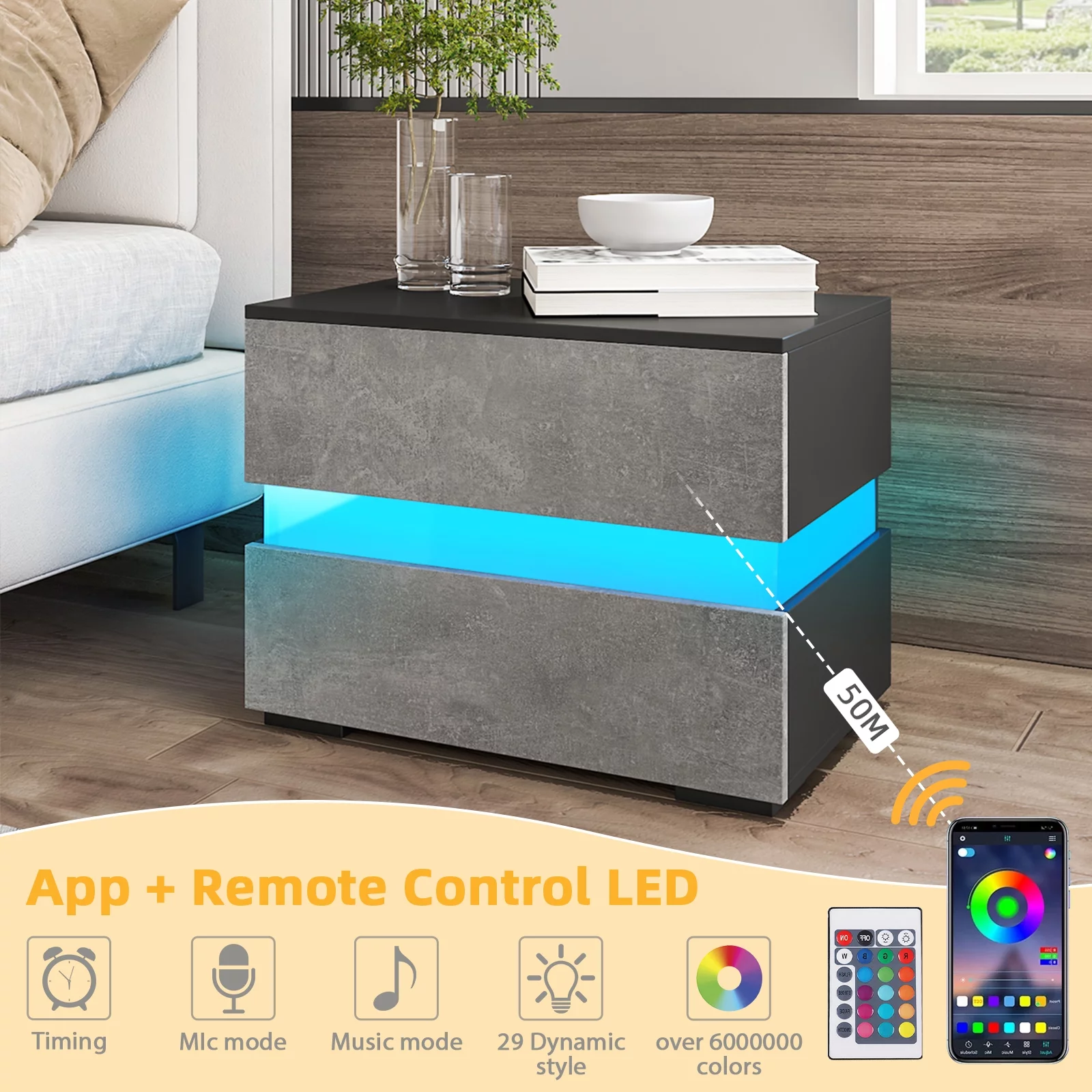 LED 2-Drawer Nightstand, Bedside Table with RGB LED Backlights, Bedroom Home Furniture