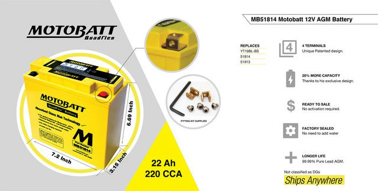 MotoBatt MB51814 22Ah 220 CCA AGM Powersports Battery