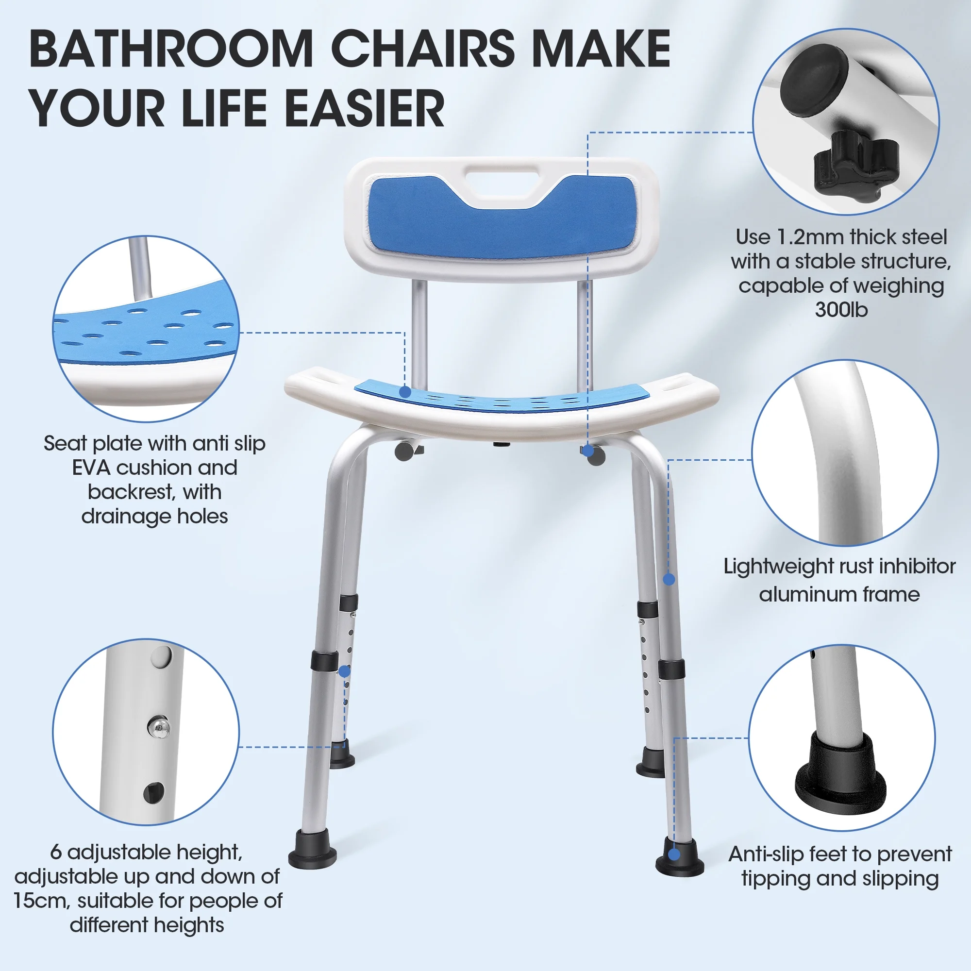 RELOIVE Bath Chair and Shower Chair with Back and Padded Armrests,Supports up to 300 lbs,Shower Seat for Elderly, Handicap, and Disabled,Height Adjustable