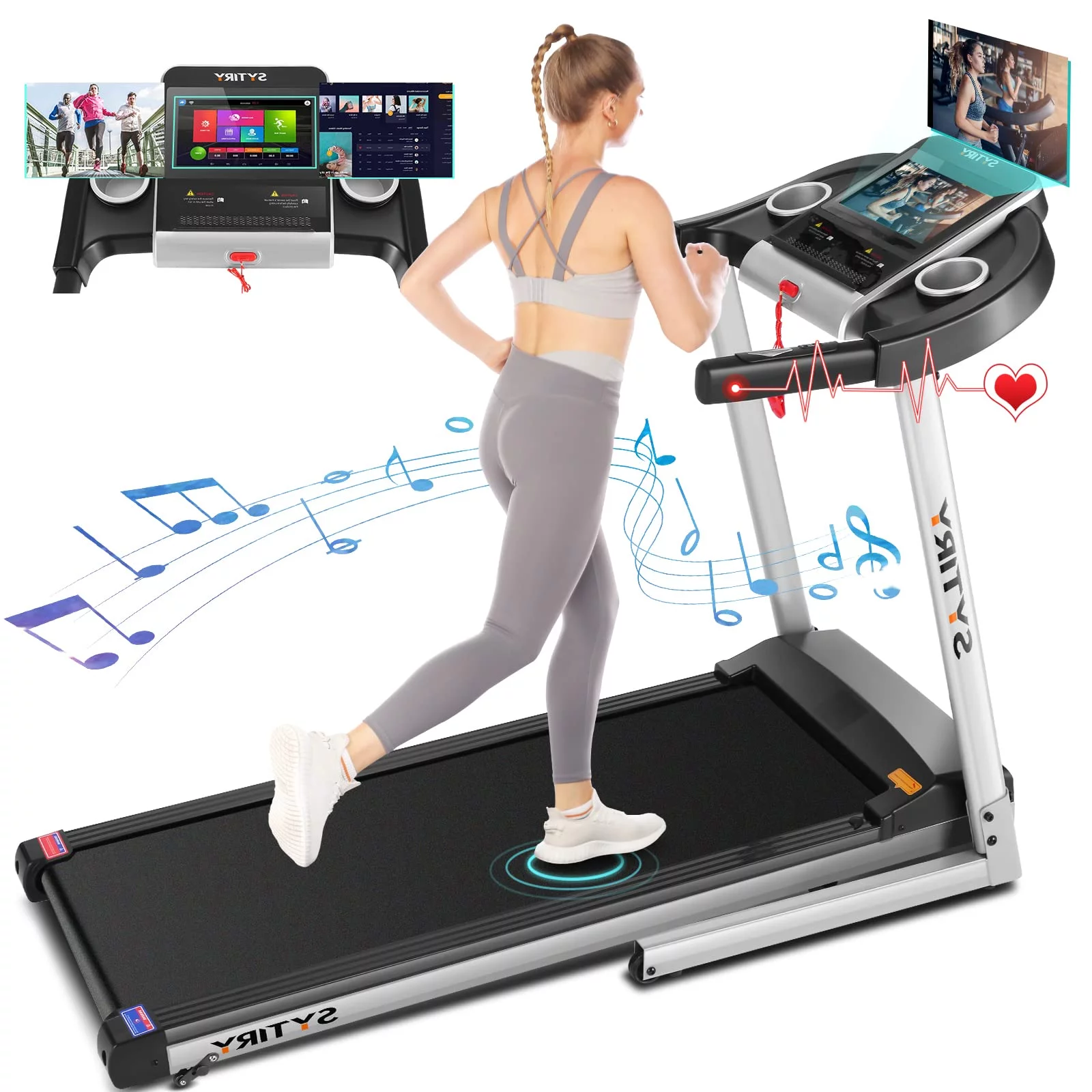 SYTIRY 10″ HD TV Movie Touchscreen Treadmill with 3D Virtual Sports Scene, 3.25HP Folding Running Machine with Incline, Folding Treadmill with 300lb Weight Capacity for Home, Gym, Office