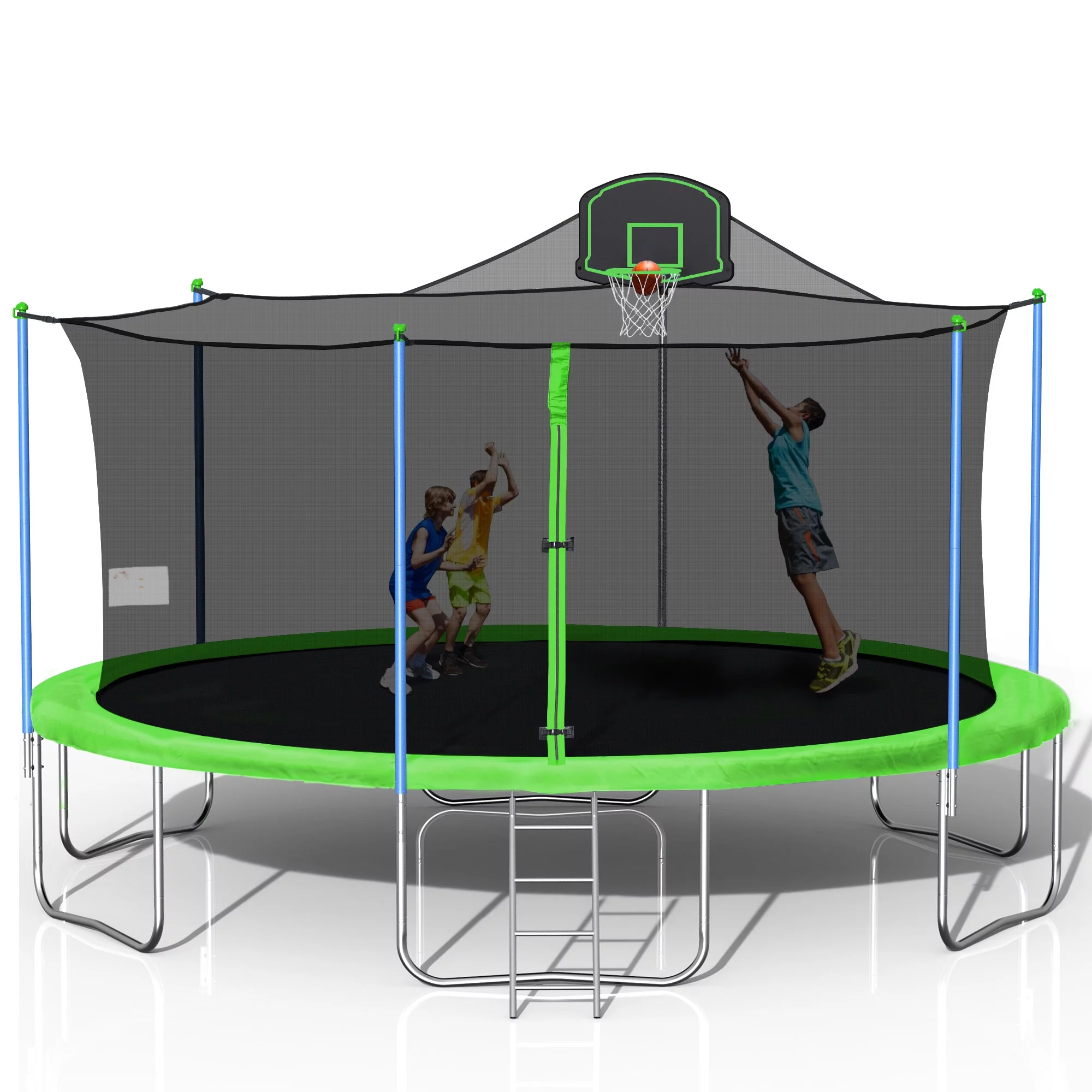 Jump Into Fun 16 FT Trampoline for Adults and Kids, Outdoor Trampoline with Basketball Hoop, Enclosure, Waterproof Mat and Ladder, Fitness Trampoline for Backyard for 8-9 Kids