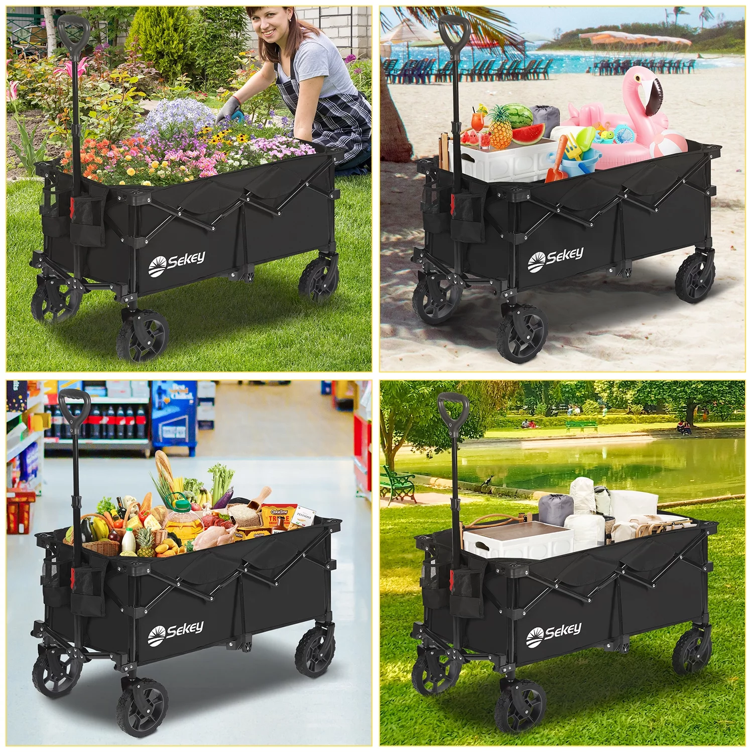 Sekey Heavy Duty Foldable Wagon with 330lbs Weight Capacity, 200L Collapsible Adjustable Handle Folding Garden Cart with Big All-Terrain Beach Wheels, Black