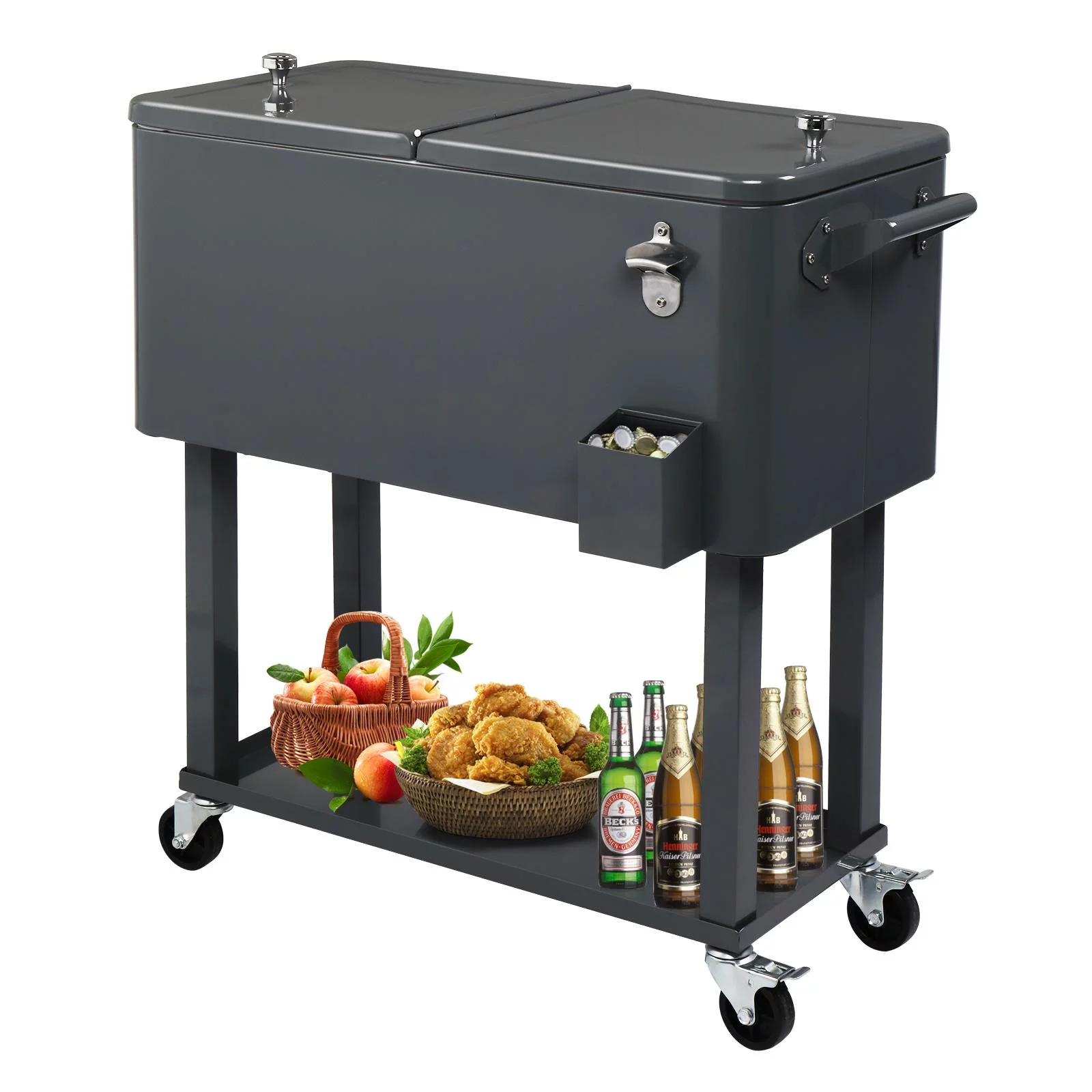 OverPatio 80QT Cooler Cart Rolling  Function with Shelf Wood Grain Accent Ice Chest Gray