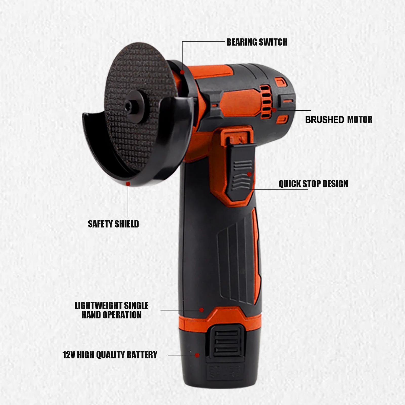 12V Cordless Angle Grinder Kit, Ginding disc 3 Inch/76mm 19500 rpm w/ 2* 1300mAh Lithium-Ion Battery for Cutting, Polishing, Grinding, Rust Removal