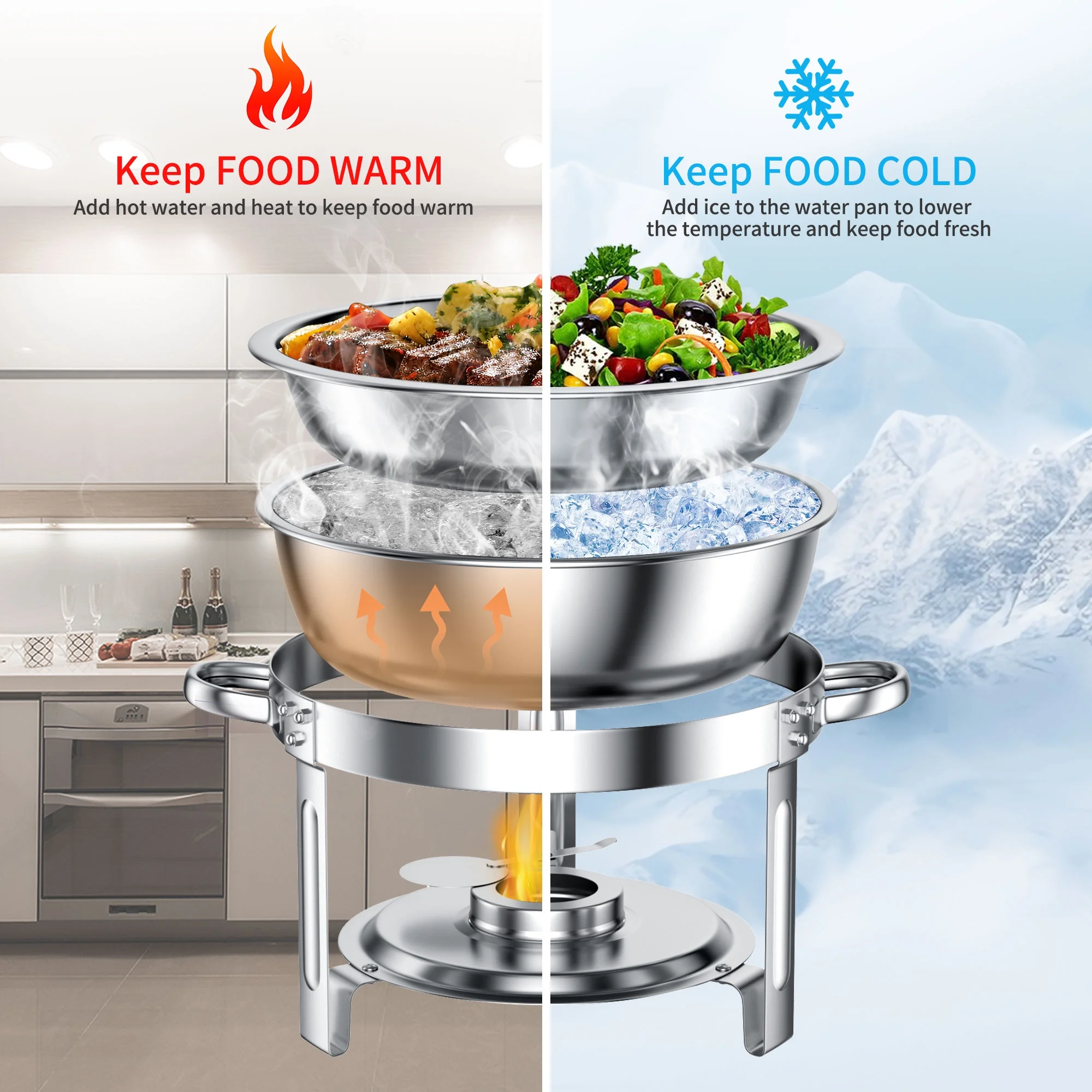 Chafing Dish Buffet Set 2 Pack, TINANA 5QT Stainless Steel Chafing Dishes for Buffet with Glass Lid & Lid Holder, Round Chafers and Buffet Warmers Sets for Parties, Events, Wedding, Camping, Dinner