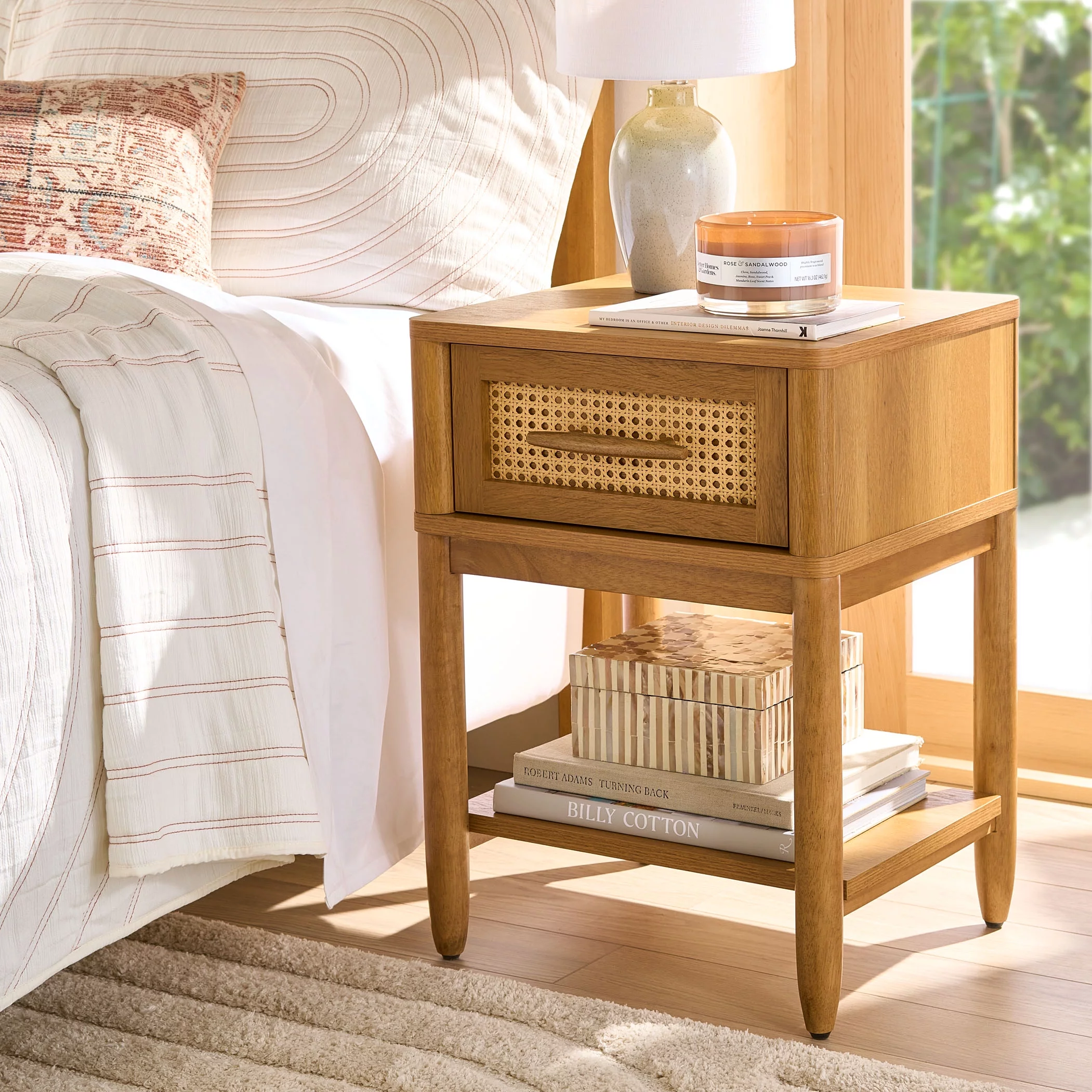 Better Homes & Gardens Springwood Caning Nightstand, Light Honey Finish