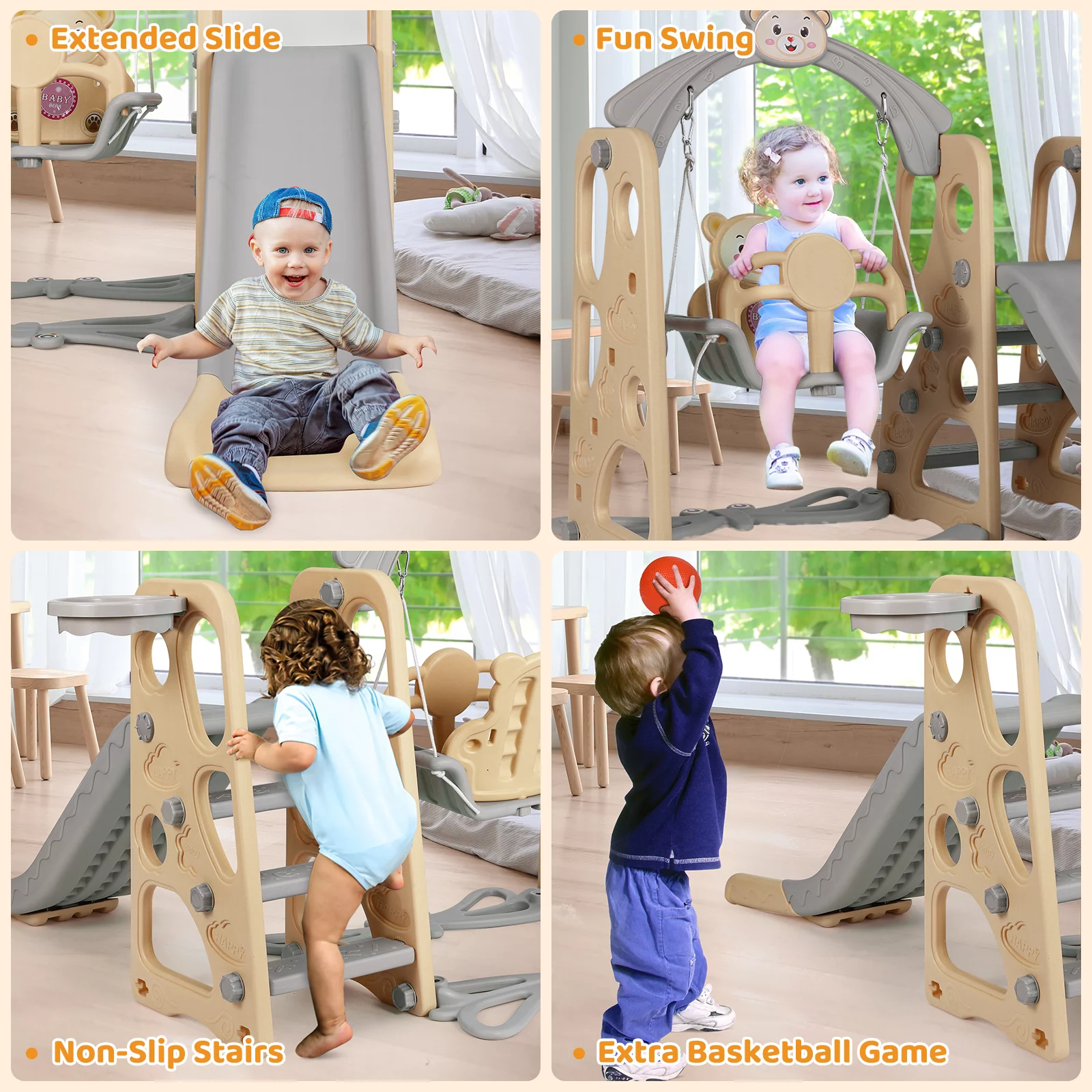 Pirecart Toddler Swing and Slide Set Indoor Outdoor Kids Children Playset W/ Basketball Hoop