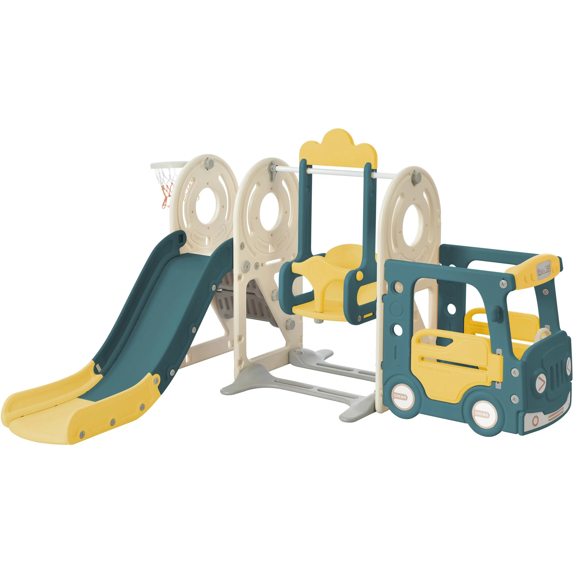 Track 7 5-in-1 Kids Slide and Swing Set,Toddler Slide Swing Set with Bus Playhouse,Basketball Hoop,Freestanding Slide Set with Climber,Outdoor Indoor Slide Playset for Toddlers Age 1+,Green