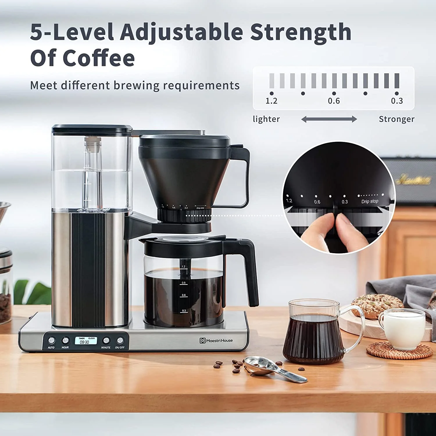 Maestri House Coffee Maker, 8-Cup Drip Coffee Machine, One-Touch Brewing Coffee Machine with Warming Plate, Automatic Drip Coffee Pot, 1.2L Water Tank