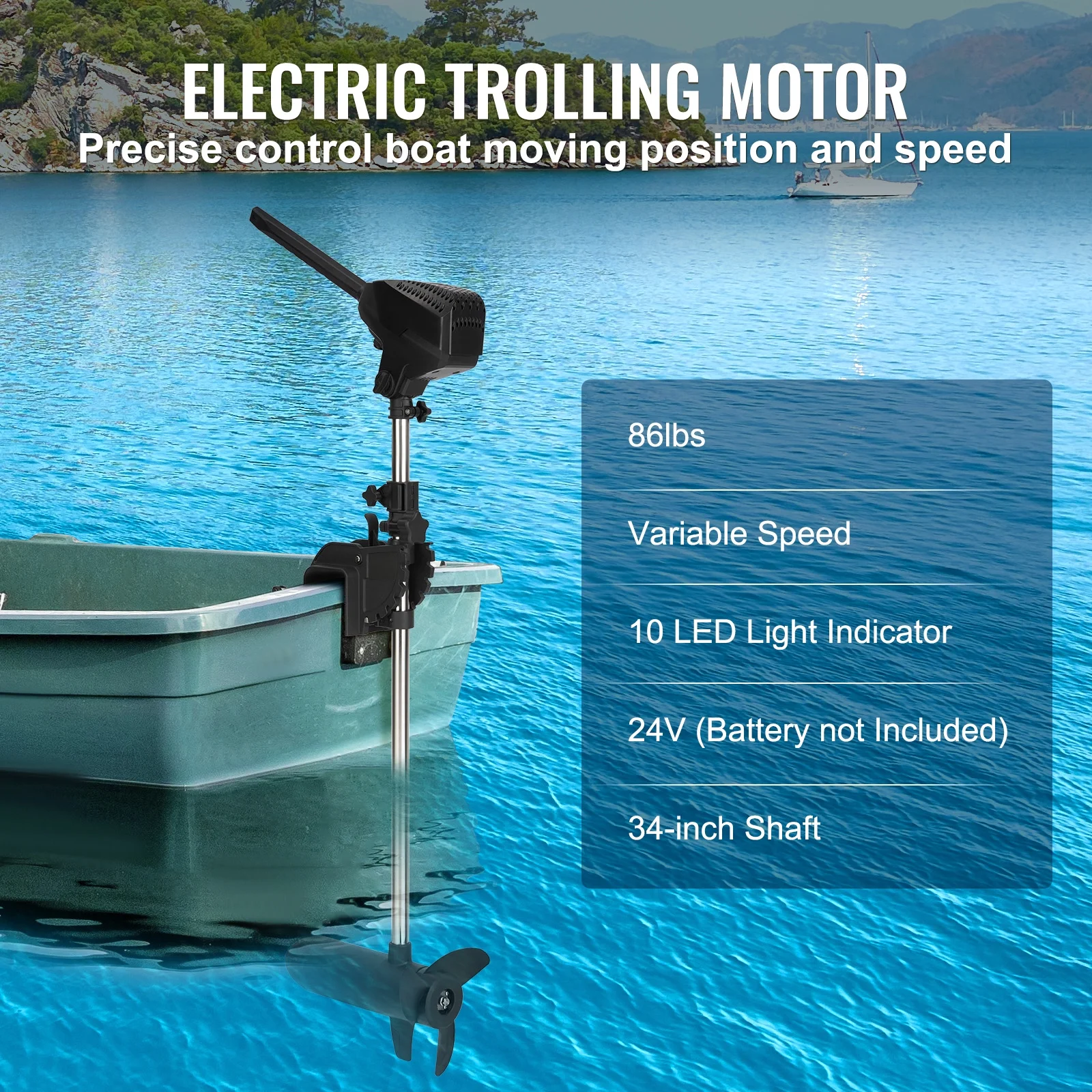 BENTISM Electric Trolling Motor with 24V Boat Motor, 55lb Thrust Transom Mounted Variable Speed 10 LED Indicator for Kayak, 30″ Shaft Inflatable Fishing Boats