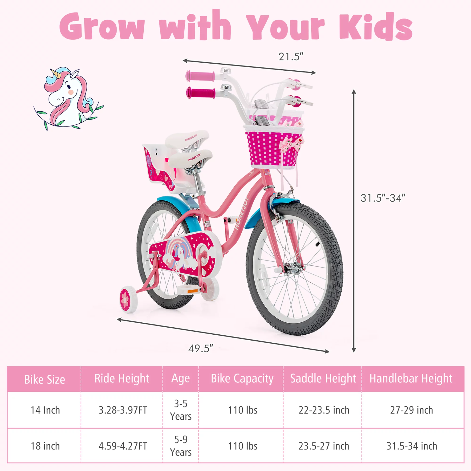 Honeyjoy 18 Inches Kids Bicycle w/Training Wheels & Basket for Boys & Girls Age 5-9 Years