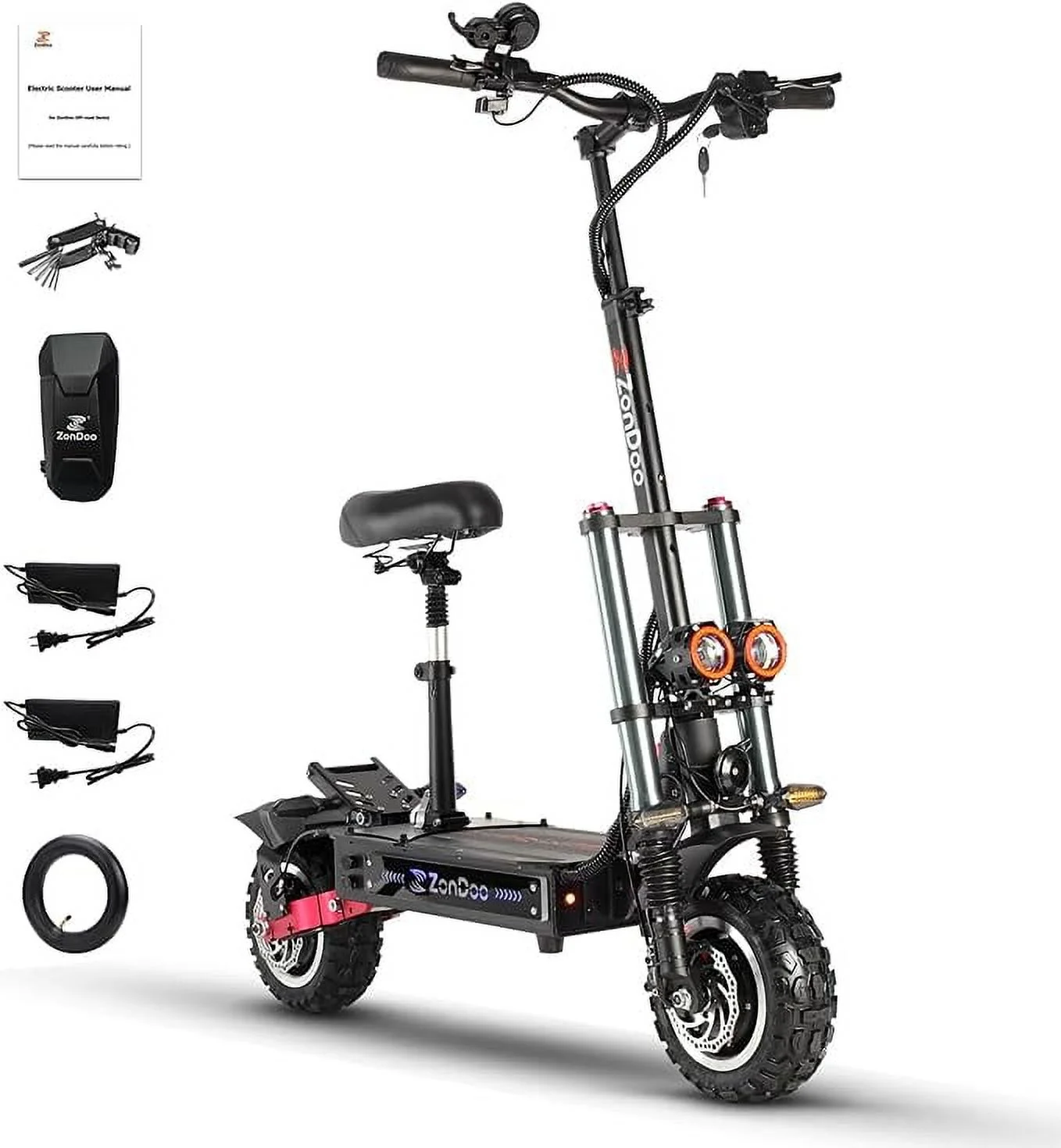 ZonDoo ZO03 Plus 11″ Off-Road Tires with Seat Electric Scooter Adults, 52 MPH 60 Miles Long Range, 5600W Dual Motors for Heavy Duty Adults